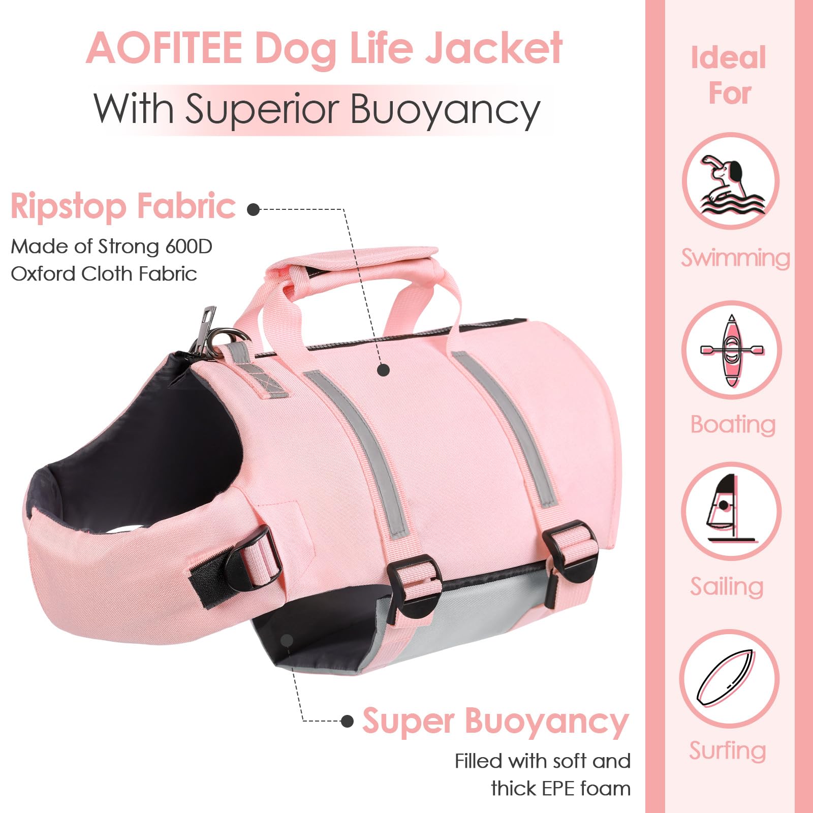 Aofitee Dog Life Jacket Large, Reflective Dog Life Vest For Swimming Xxl, High Buoyancy Dogs Lifesaver With Rescue Handle And Zi