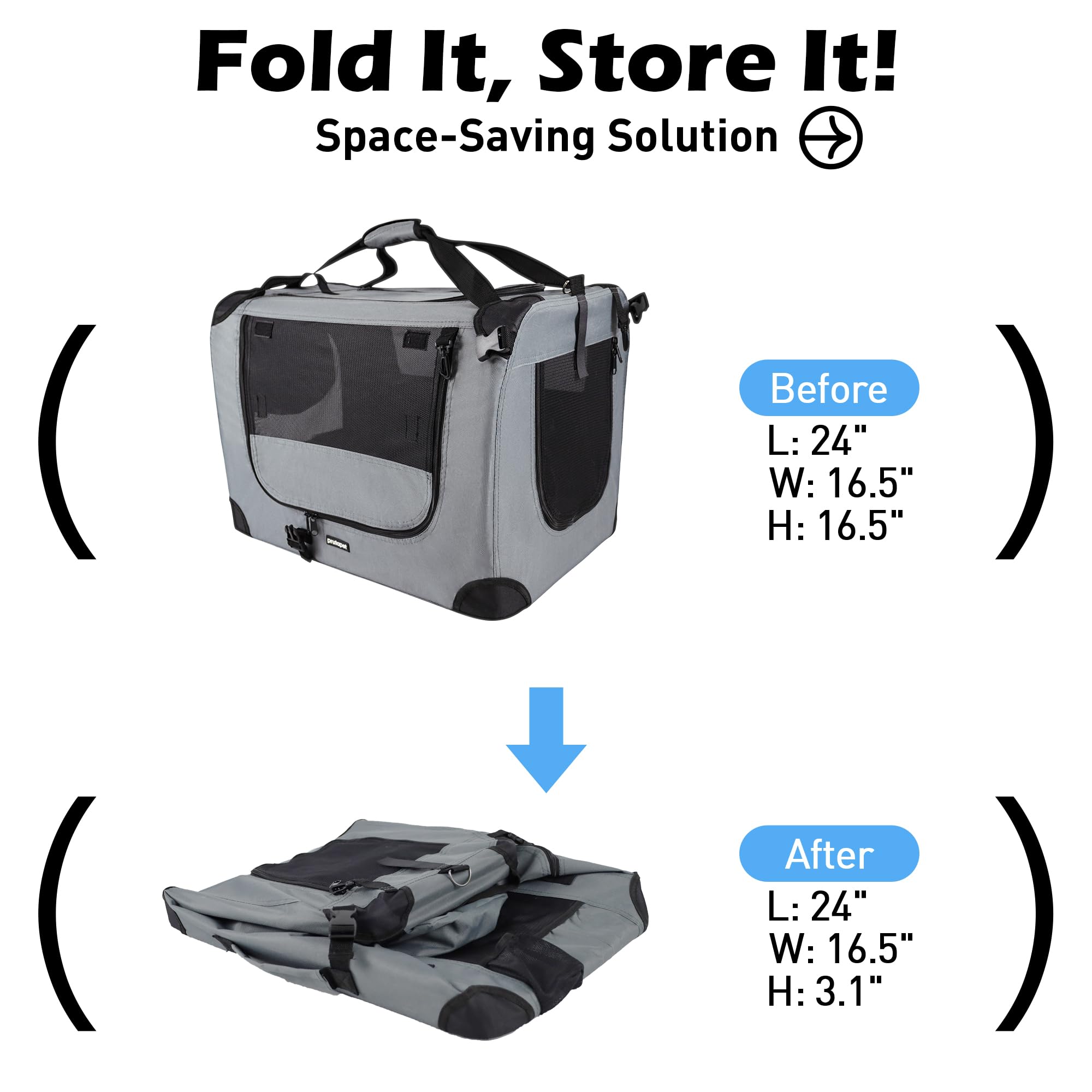Prutapet Large Cat Carrier 24''X16.5''X16.5'' Portable Dog Crate For Small Medium Dogs Collapsible Traveling Pet Crate With Coll