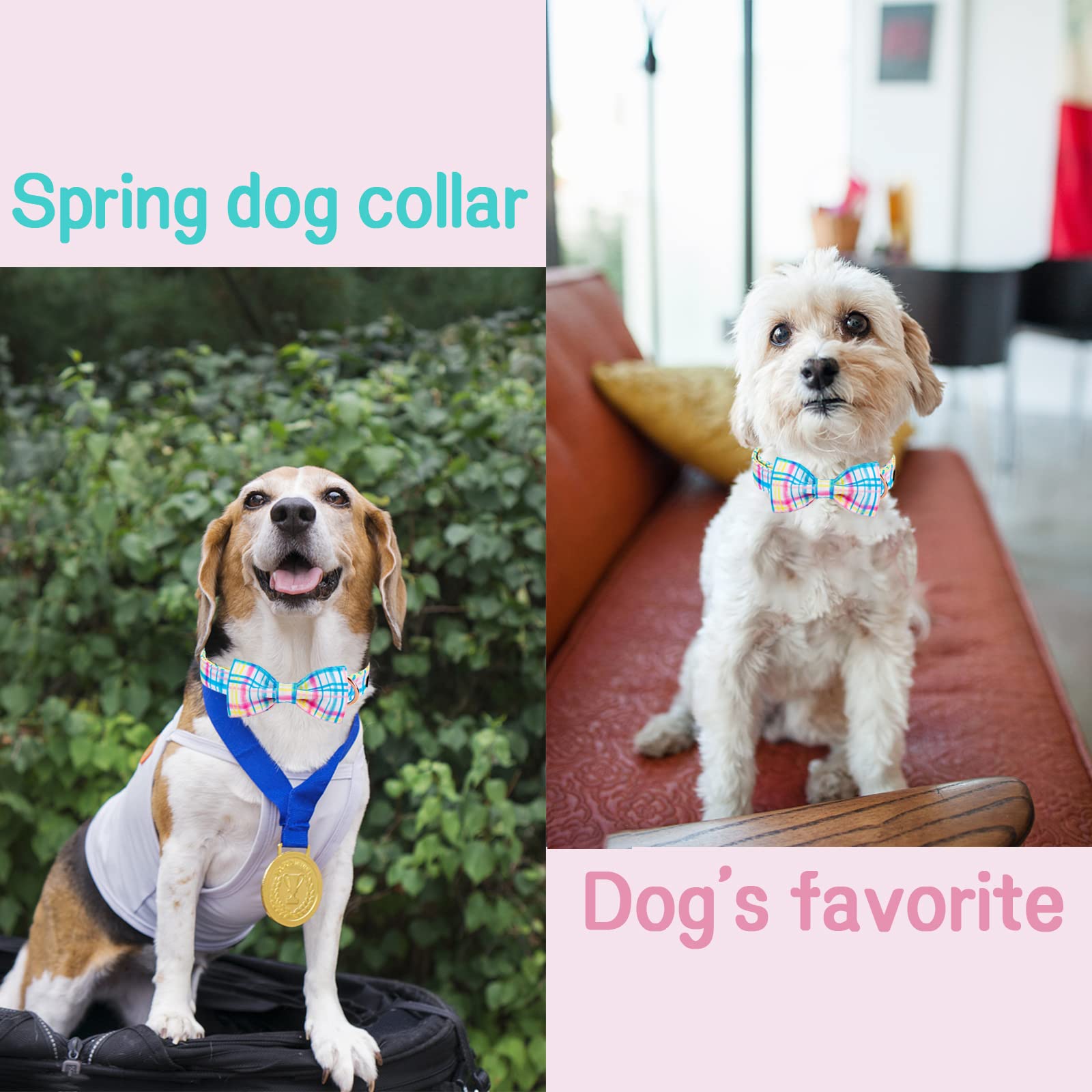 Unique Style Paws Easter Day Dog Collar With Bow Tie Pink Grid Puppy Collar For Small Medium Large Boys Girls-M