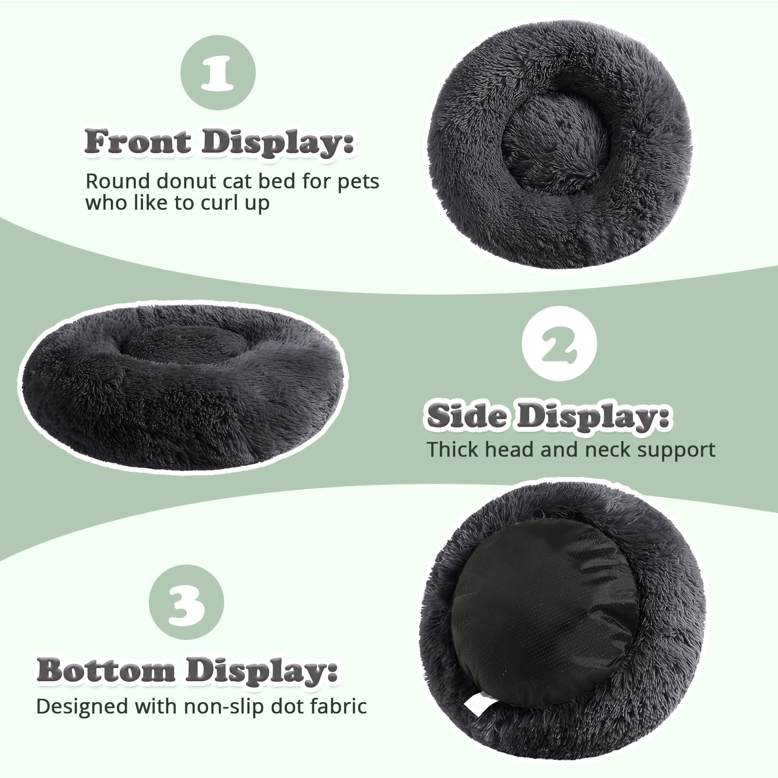 JOLLYVOGUE Dog Bed, Calming Fluffy Donut Bed for Small Dogs, 20" Pure Black, Anti-Anxiety Cushion, Model SDB-CHBK50