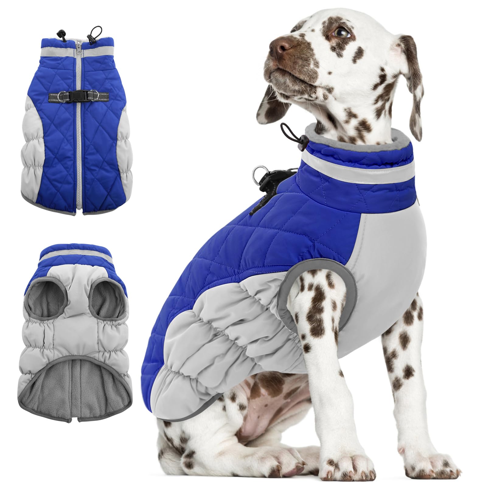 Aofitee Dog Winter Coat, Warm Fleece Lining, Water Resistant, Reflective Turtleneck, Harness Built-In, Blue Xs