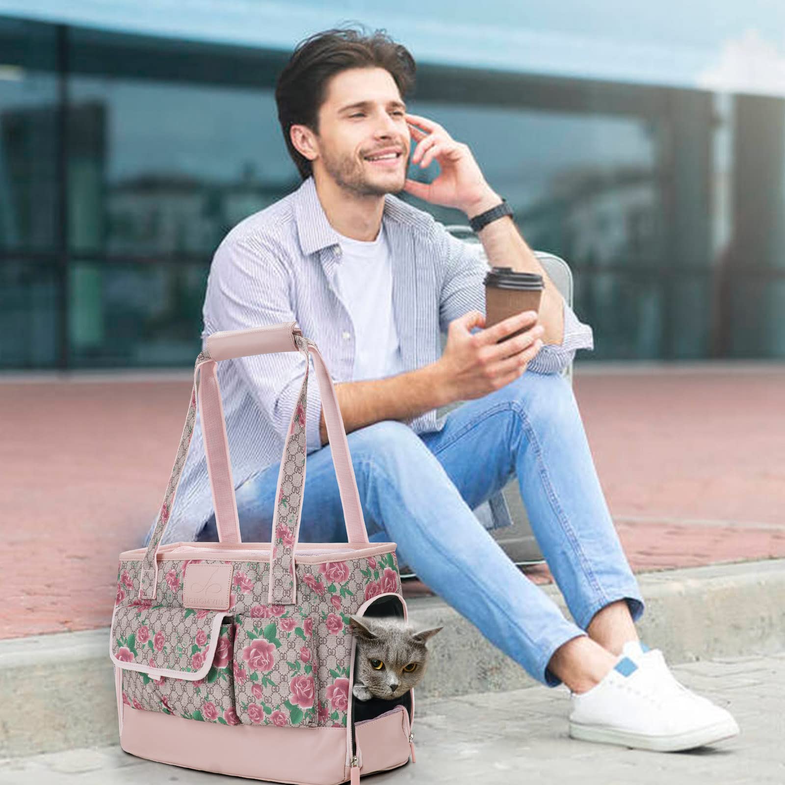 Johomviin Dog Carrier, Cat Carrier, Pet Carrier, Foldable Waterproof Premium Pu Leather Oxford Cloth Dog Purse, Portable Tote Bag Carrier For Small To Medium Cats And Small Dogs (Flower Pattern)