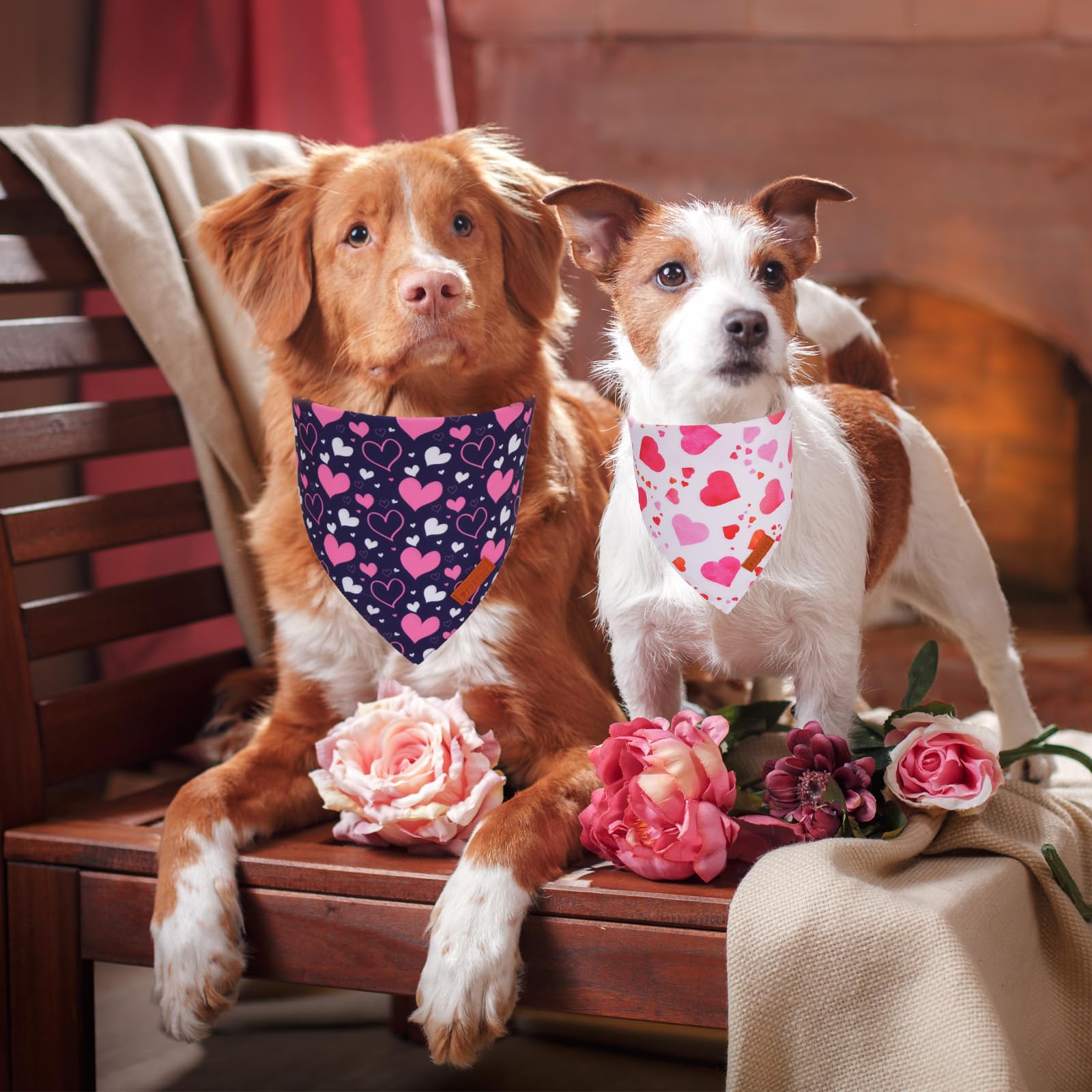 Ptdecor Valentine Dog Bandana, White Purple Love Heart Design Reversible Dog Scarf, Triangle Valentine Bandanas For Medium Large