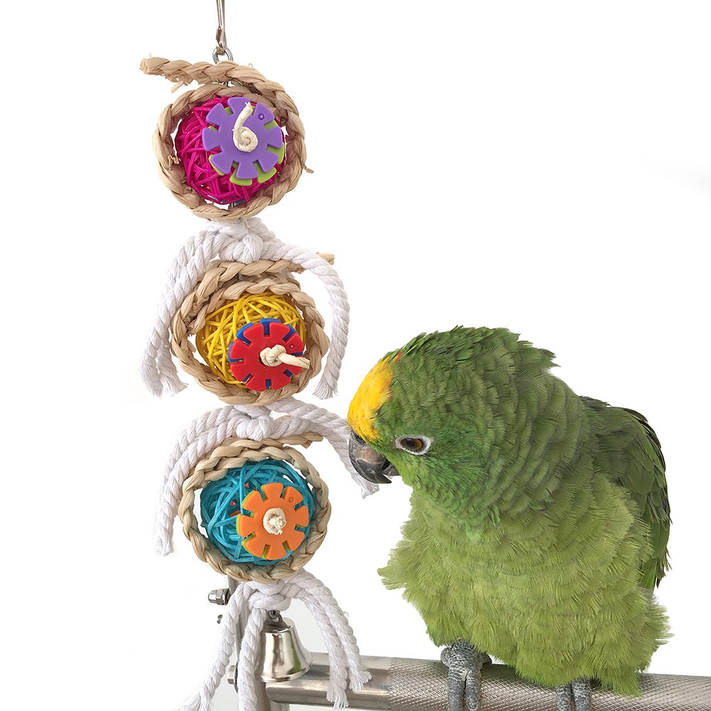 Hypeety Pet Parrot Chewing Swing Toys with Rattan Ball String Hanging Rope Bells for Macaw African Greys Budgies(2 Design)(A)