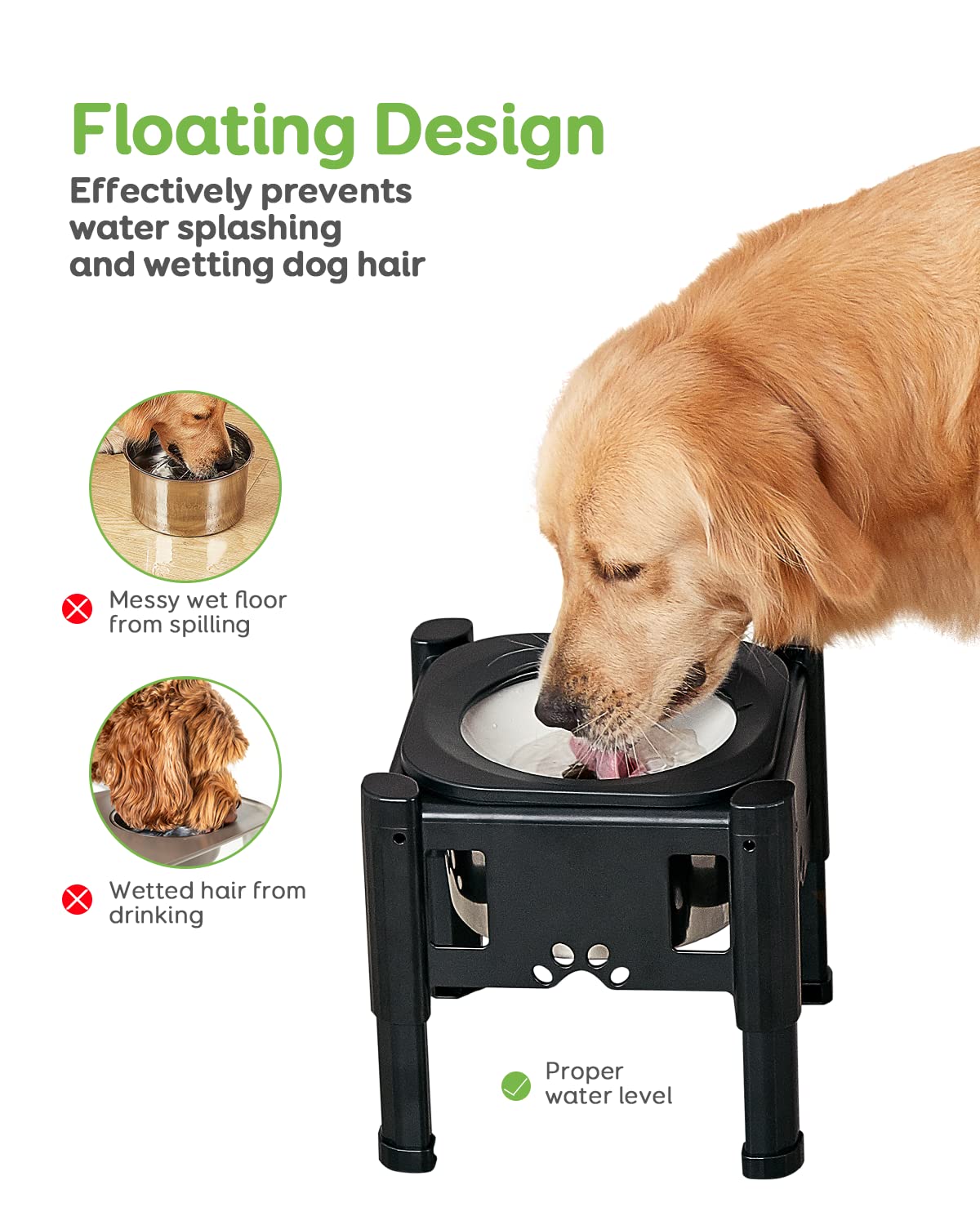 Pawque Elevated Dog Water Bowl - 80Oz Adjustable Height (6.1"-9.3") - Non-Slip Stainless Steel - Black for Medium & Small Dogs
