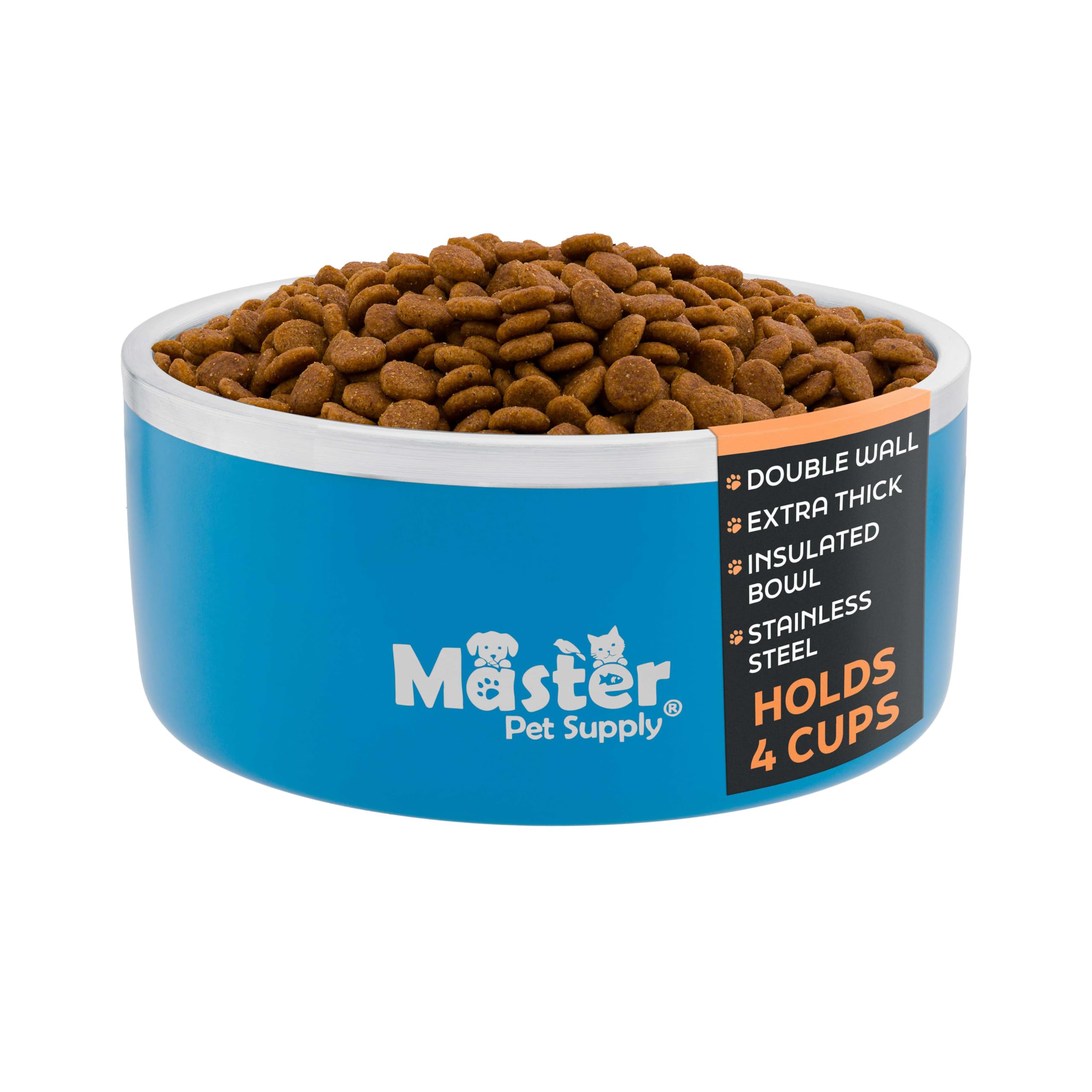 Master Pet Supply Stainless Steel Dog Bowls - 32 oz, Heavy Duty - True Blue, Double Wall Extra-Thick Insulated, Non-Slip Pet Wat