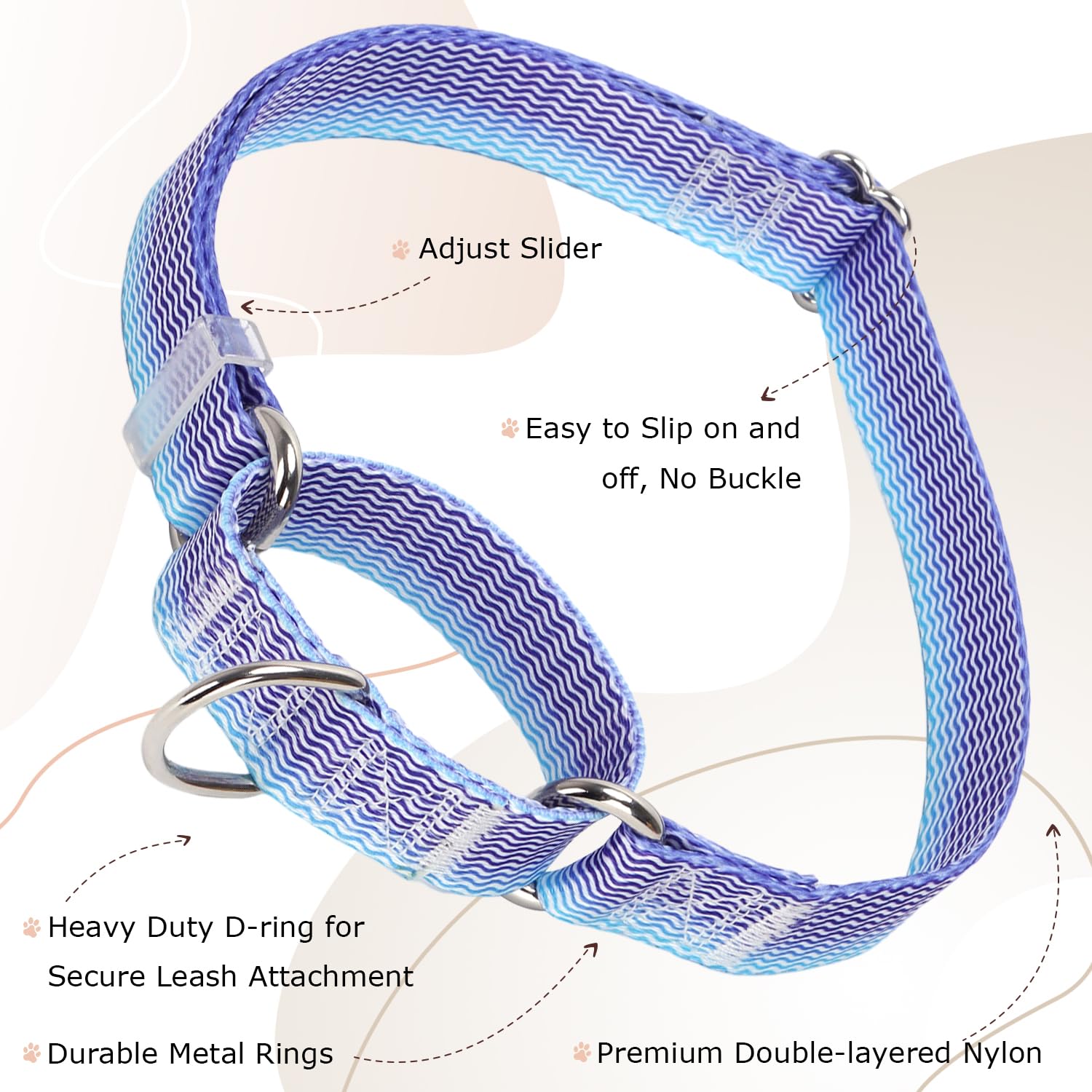Martingale Collar For Dogs, Boy Dog Collar With Blue Waves Patterns, Heavy Duty Nylon Dog Collar Durable And Comfortable, Perfec