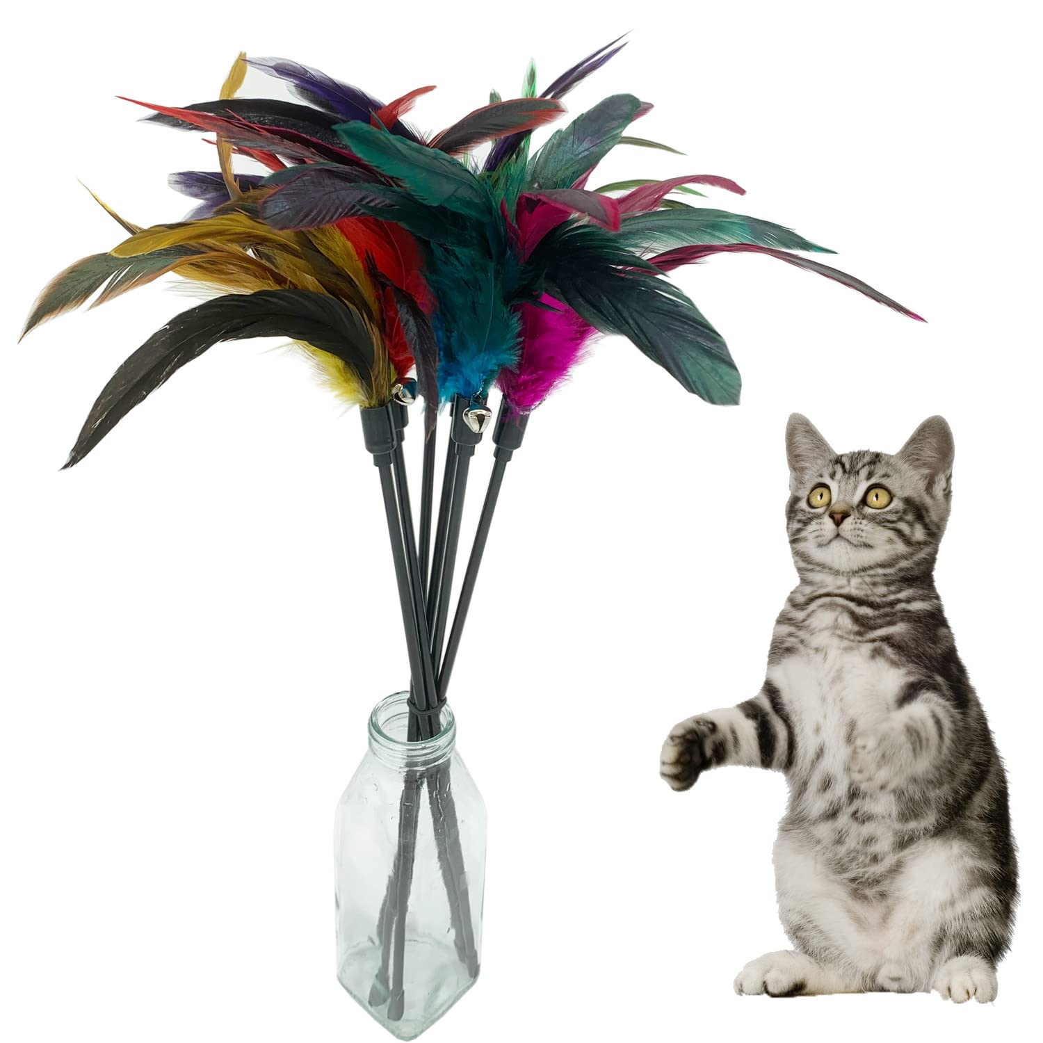 Cateness Cat Wand Toy Feather Stick Cat Toys, 7 Pieces Interactive Cat Toy Feathers Wand For Indoor Cats