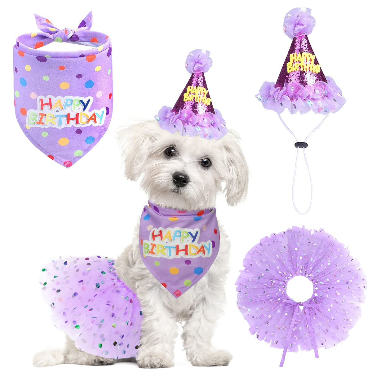 Scenereal Dog Birthday Bandana With Hat And Dress Girl Set, Puppy Birthday Party Supplies, Cute Tutu Skirt Outfit For Small Medium Large Dogs