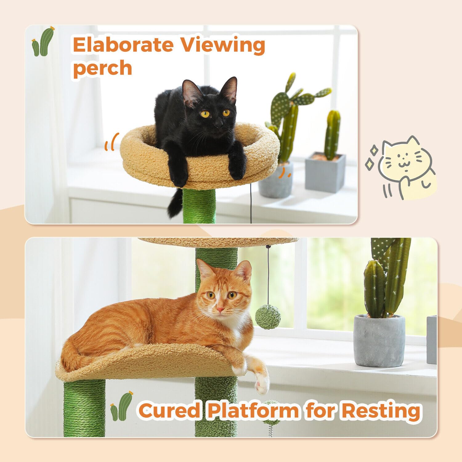 Pawz Road Cactus Cat Tree Small Cat Tower 32    Cat Scratching Post With Curved Perch, Cozy Cat Condo, Removable Padded Top Bed