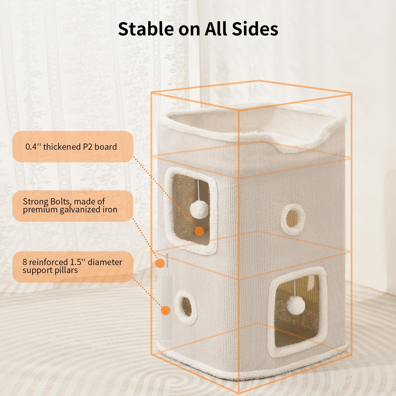 Cat Beds For Indoor Cats, Upgraded Wide Cat House & Condo 2-Story, Cat Bed Cave With Stable Frame And Large Scratch Pad, Durable