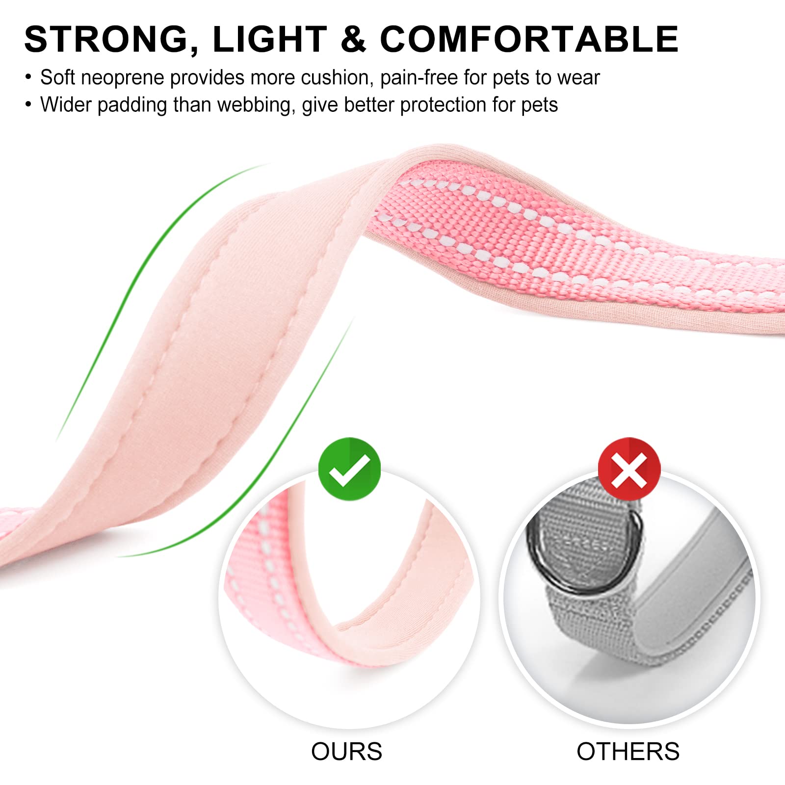 Azuza Reflective Dog Collar,Soft Neoprene Padded Pet Collar With Id Tag Ring,Adjustable For Medium Dogs,Pink,M