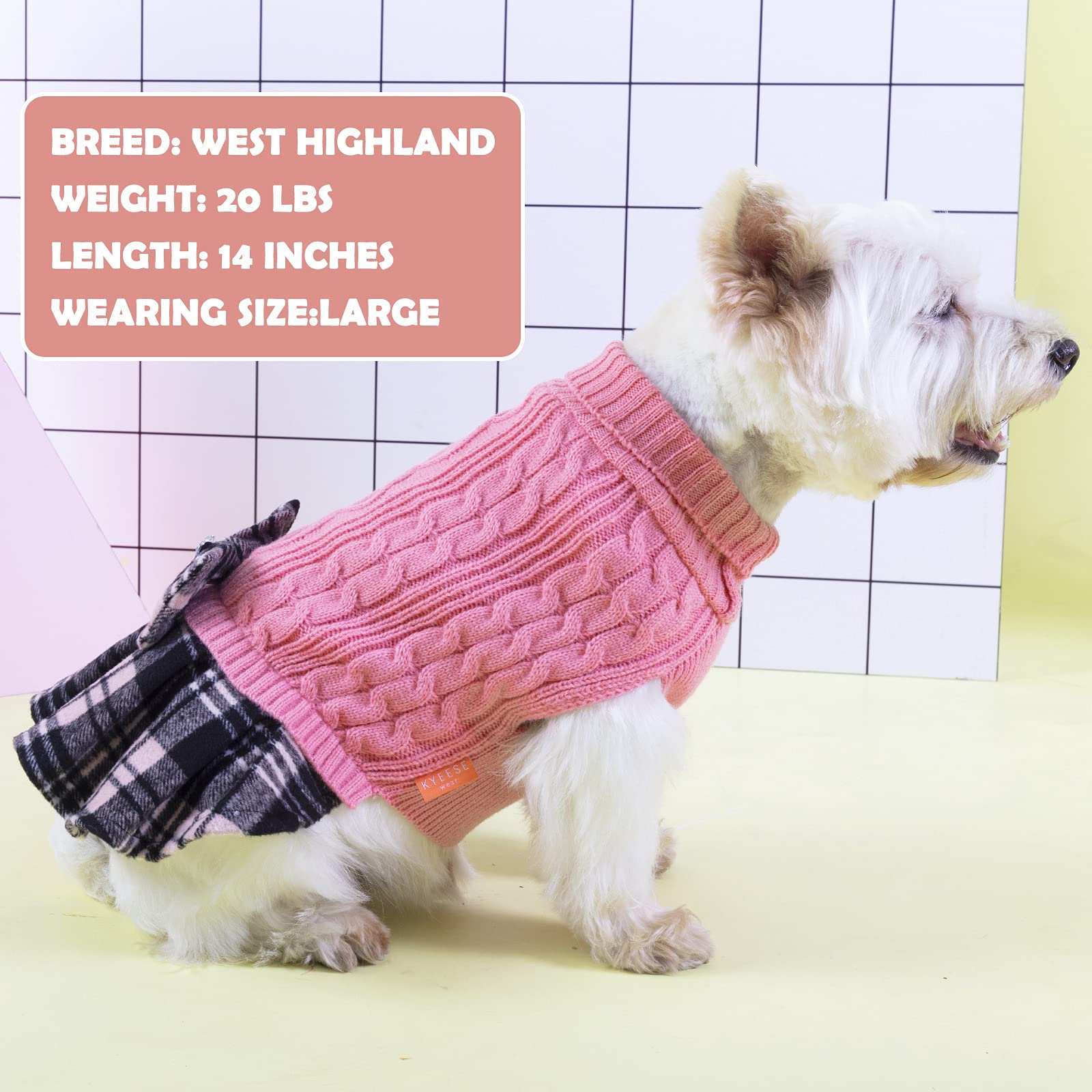 Kyeese Dog Sweater Dress With Leash Hole For Small Medium Dogs With Bowtie Checkered Turtleneck Dog Sweaters Warm Pet Sweater Pink