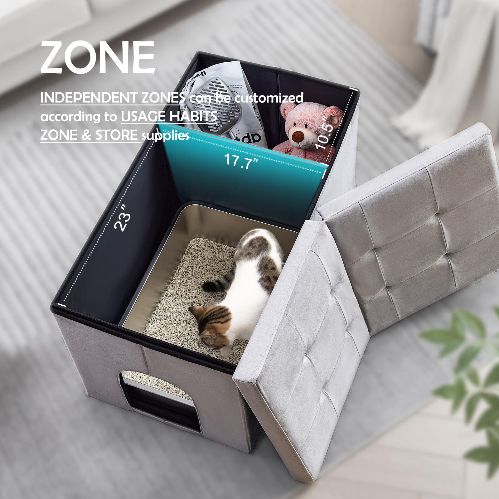 MEEXPAWS Cat Litter Box Enclosure Furniture Hidden Extra Large, Lift Design Lid Velvet Cat Washroom Bench Storage Cabinet | 35.4