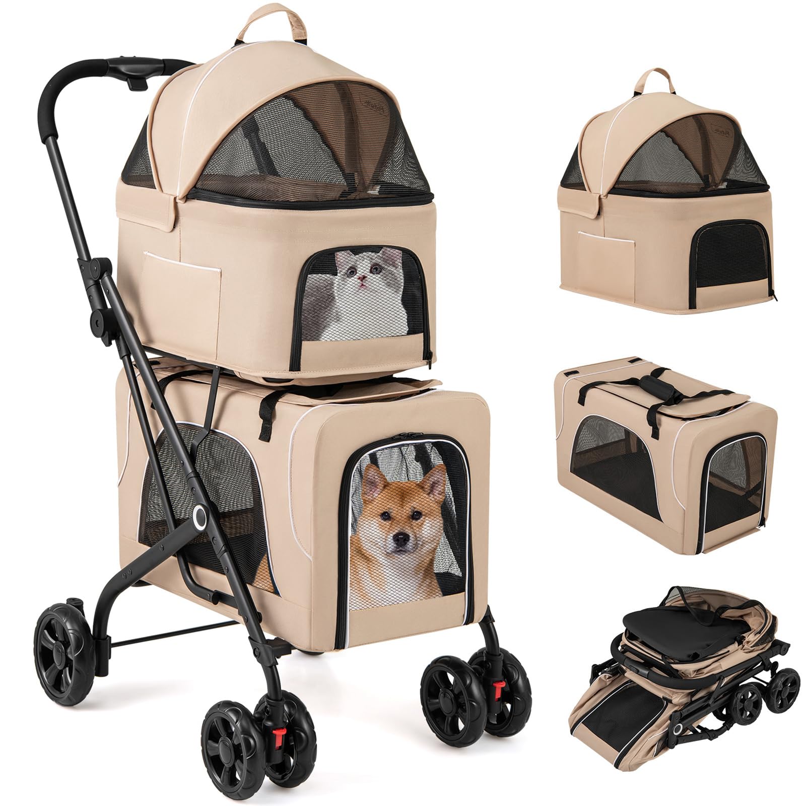 Giantex Double Dog Stroller For 2 Dogs, Detachable Carriers, Safety Belt, 4 Lockable Wheels, Pet Travel Carrier Strolling Cart, 