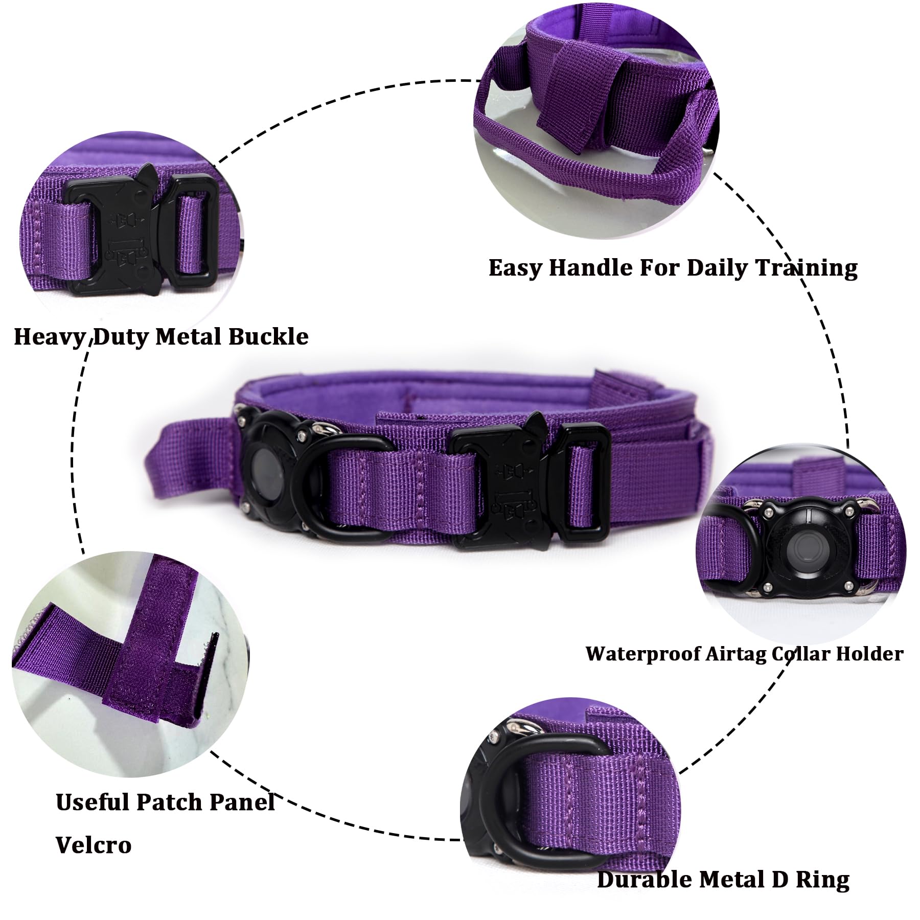 Xqpetlihai Tactical Dog Collar With Airtag Holder, Control Handle, Adjustable, Heavy Duty, Waterproof, Deeppurple, Medium (Pack