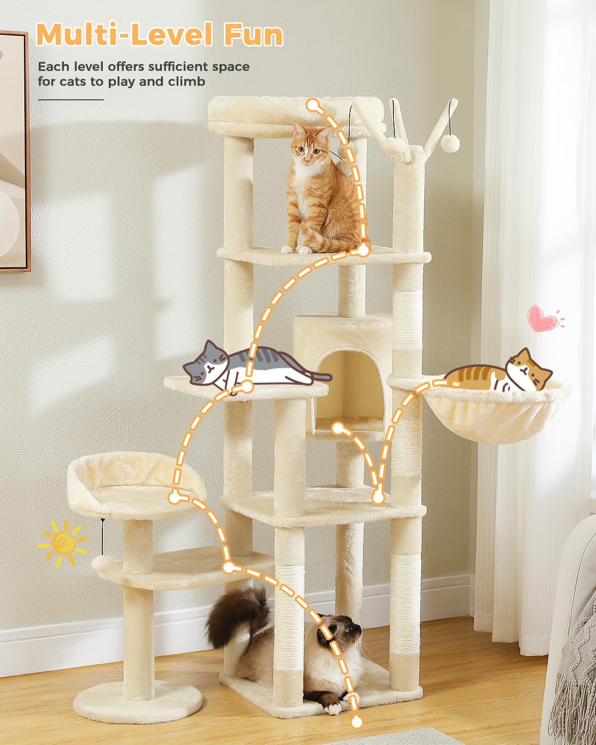 Muttros 59' Cat Tree, Tall Cat Tree For Large Cat, Multi-Level Cat Tower With 3 Removable Pompom Sticks, Cat Tree For Indoor Ca
