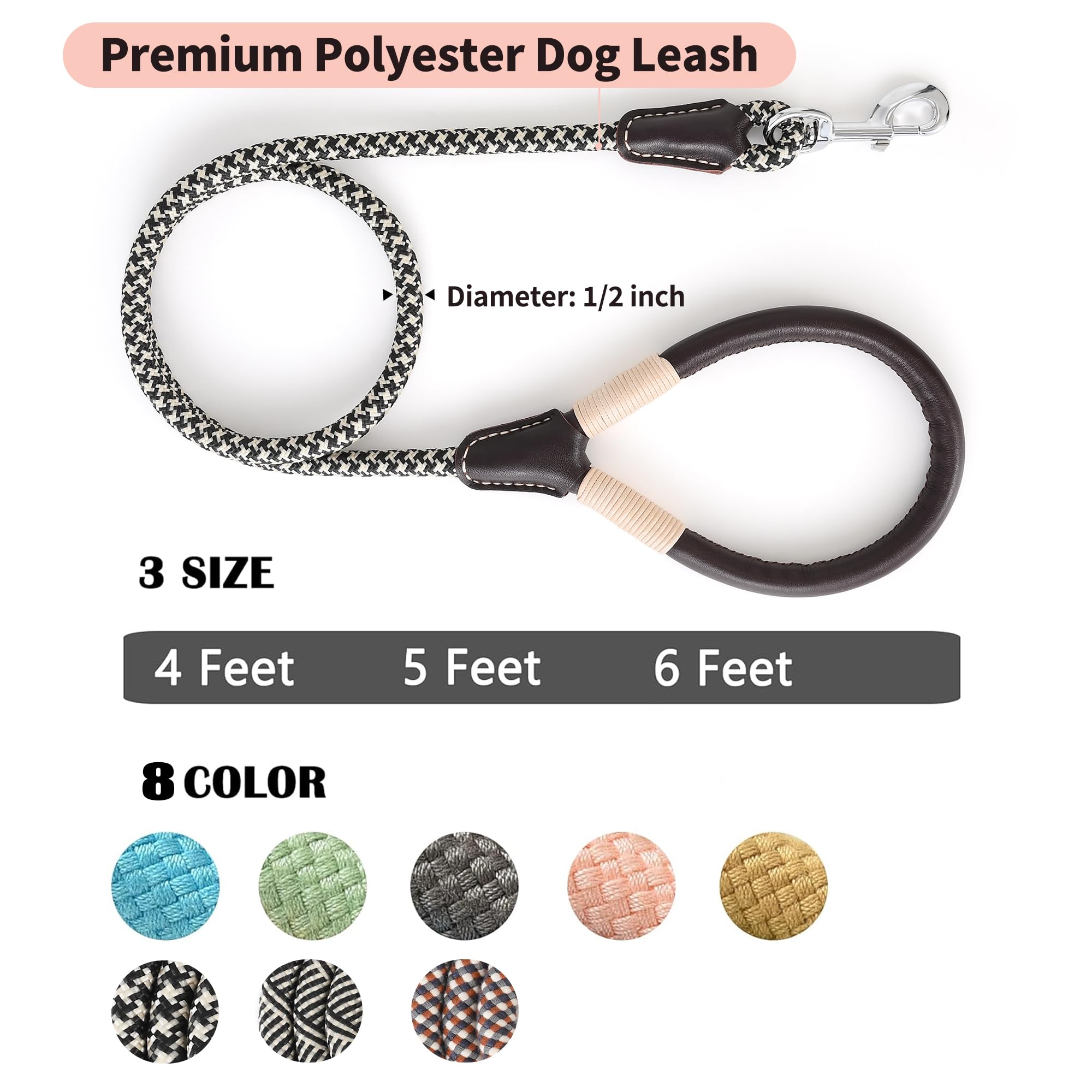 Mile High Life Genuine Leather Wrapped Handle Dog Leash, W Heavy Duty Clasp Rope Leash For Small Medium Large Dogs (Black Khaki,
