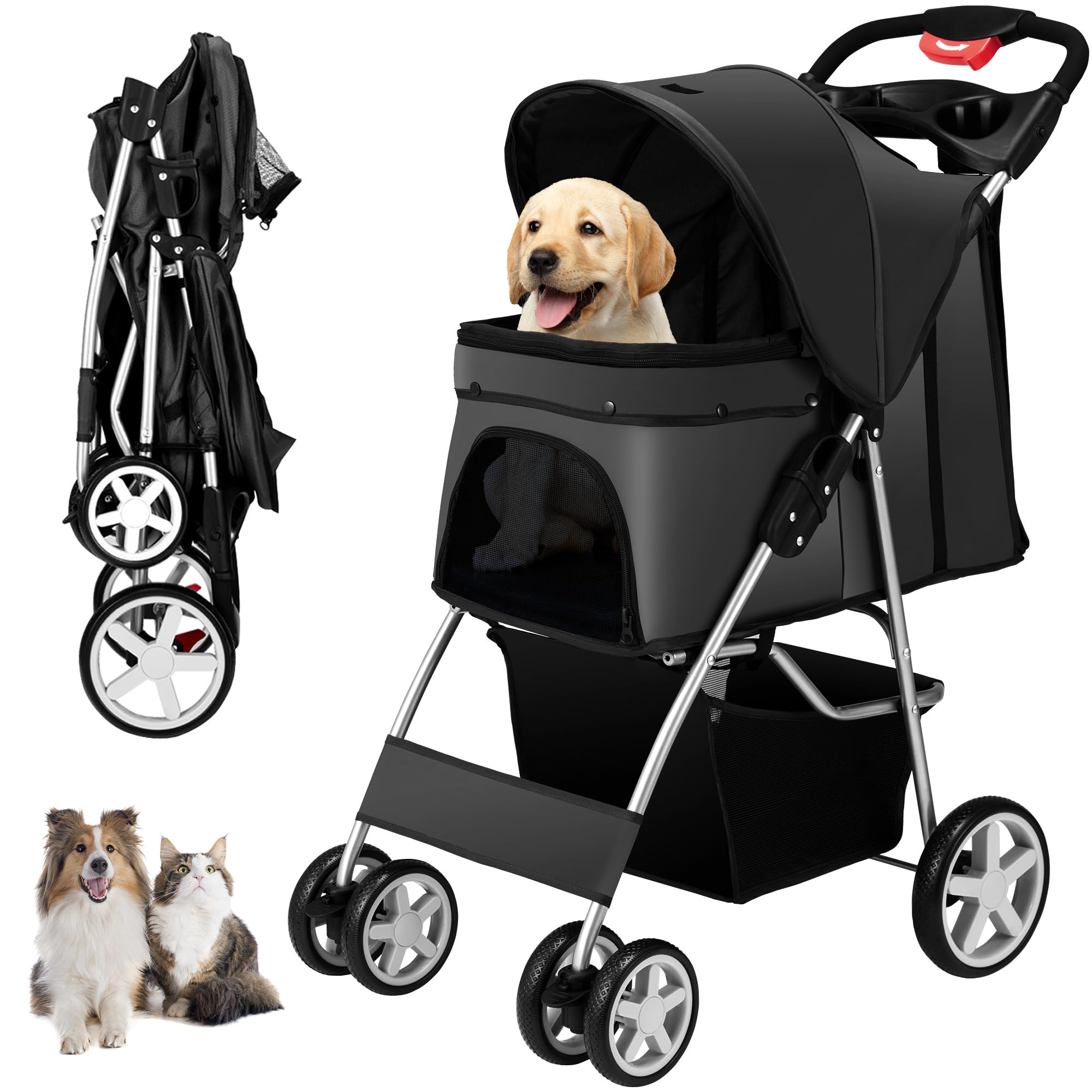 Unisakey 4 Wheels Pet Stroller For Small Medium Dogs Cats 10-33 Lbs, Foldable Dog And Cat Stroller With Cup Holder & Storage Bas