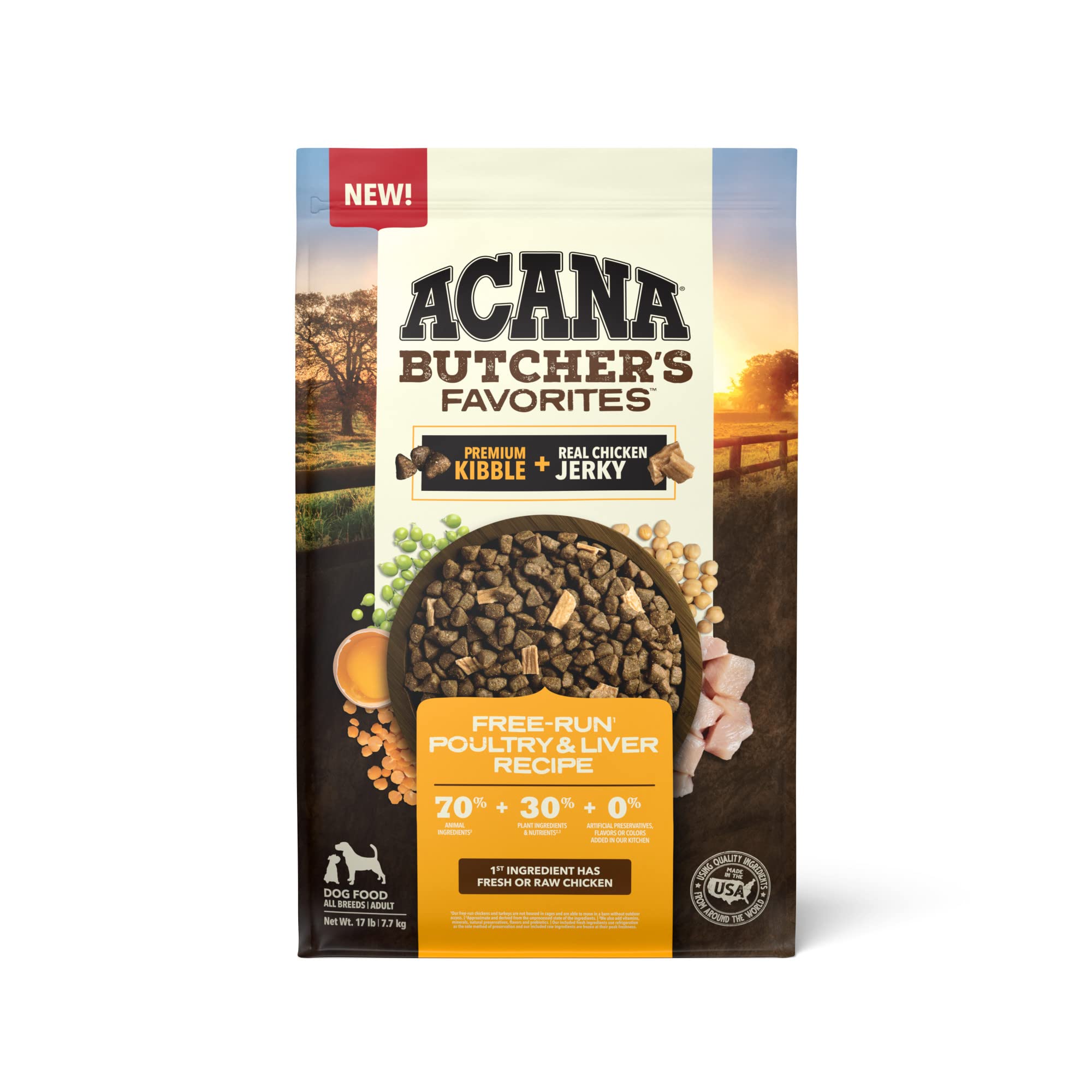 ACANA Butchers Favorites Dry Dog Food, Free-Run Poultry* & Liver Recipe, Dog Food Kibble & real chicken jerky, 17lb