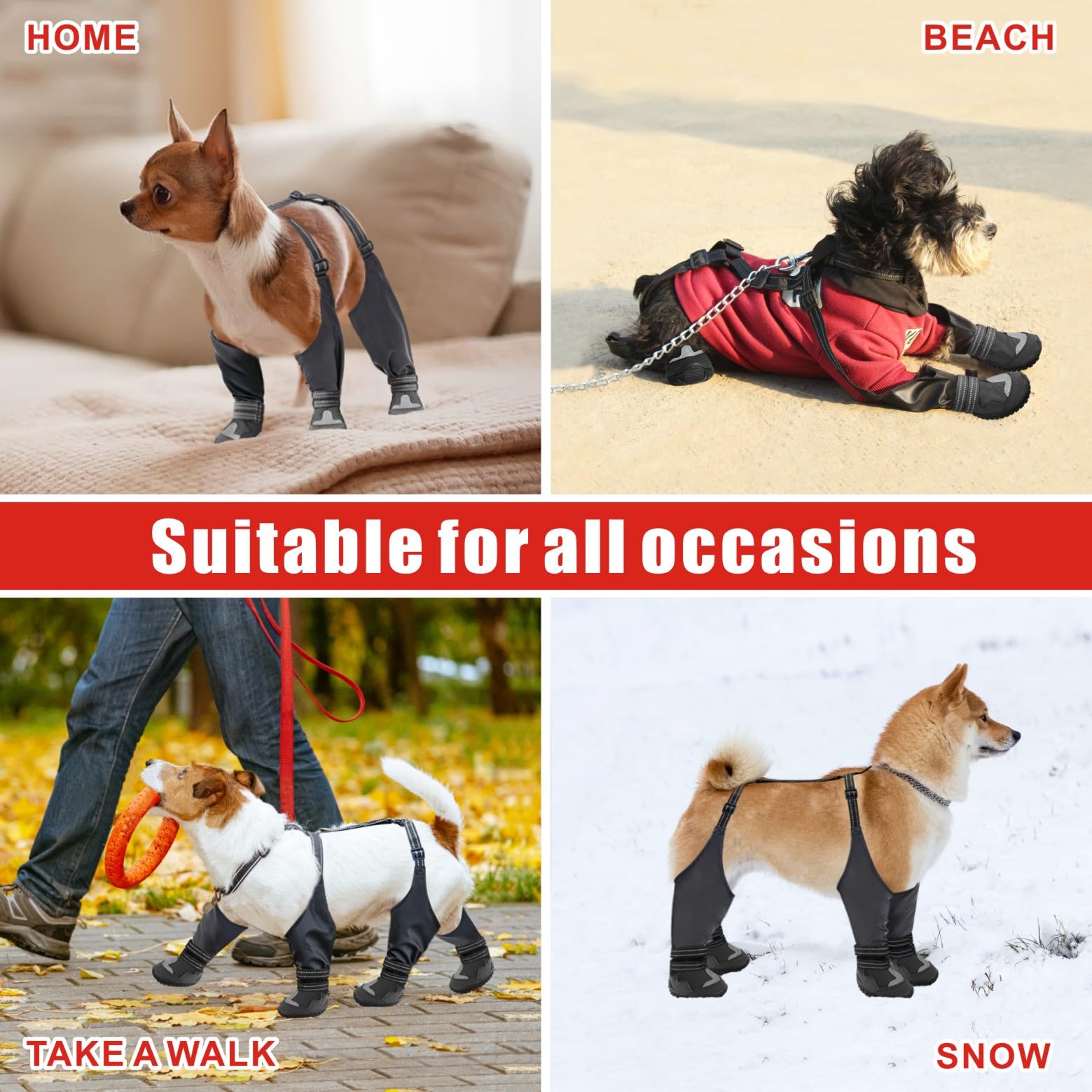 Idepet Dog Suspender Boots, Tall Dog Boots Anti-Slip & Fall Waterproof Shoes Leggings, Adjustable Suspender Boots for Dogs Winte