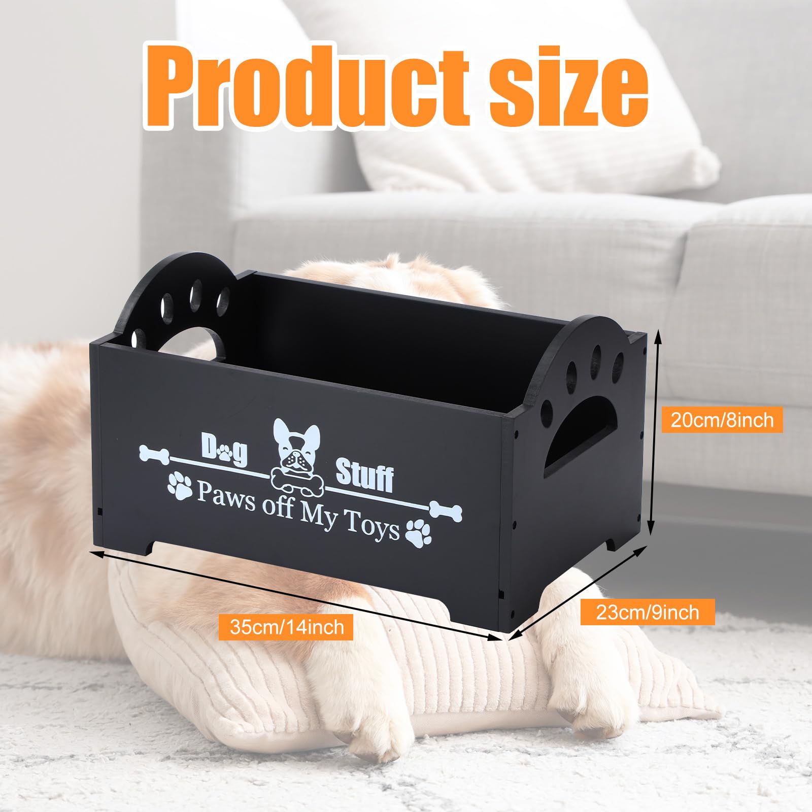 Marsui Wooden Dog Toy Bin Basket with Handle 14x9x8 Inches Large Dog Stuff Storage Box Cute Pet Stuff Organizer for Chew, Blanke