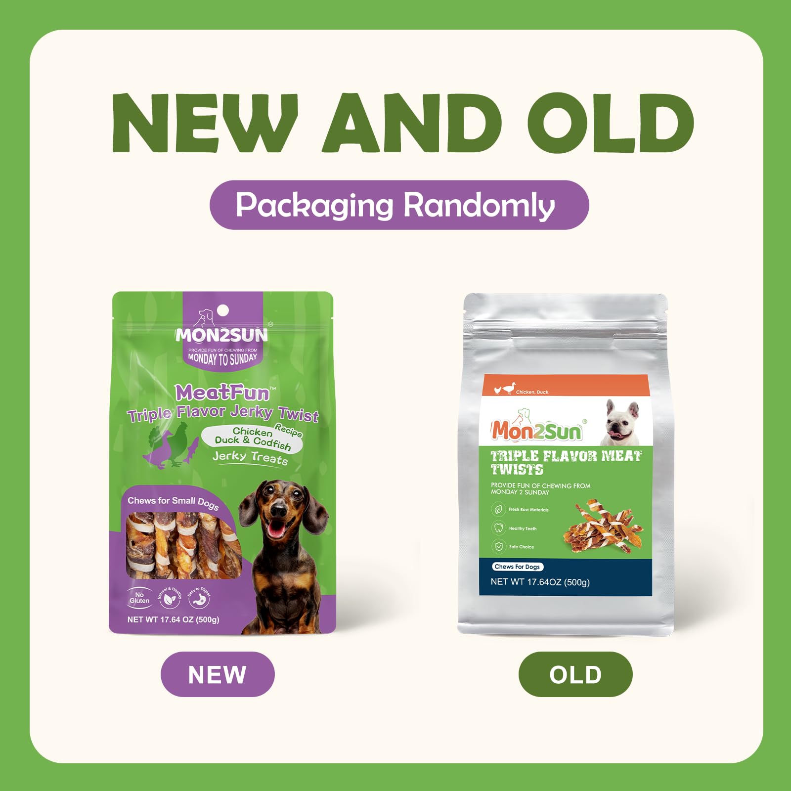 MON2SUN Dog Treats, Triple Flavor Jerky Twist Sticks, 4.5-5 Inch Chicken Duck and Codfish Sticks Chews for Small Dogs, Healthy S
