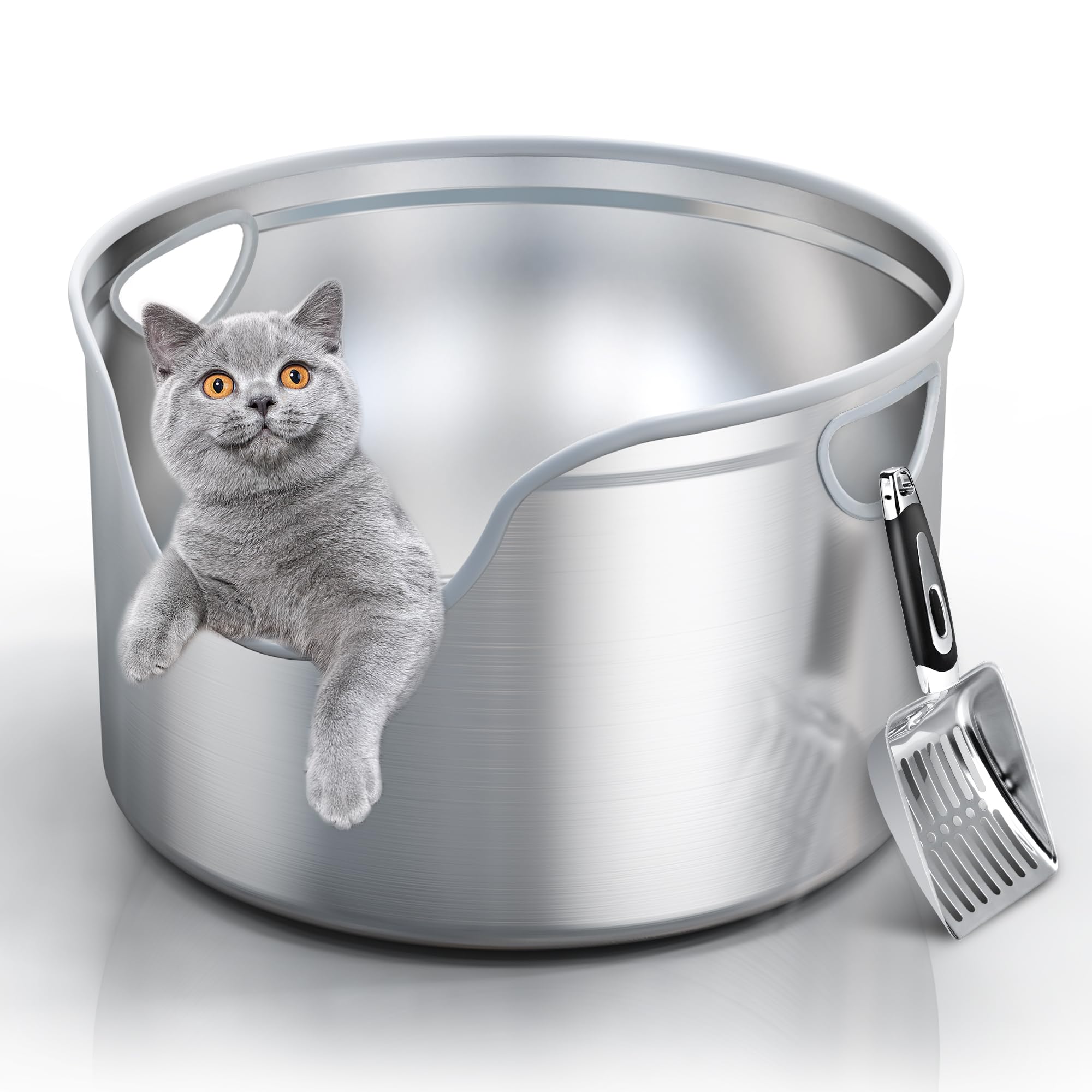 Aothey Stainless Steel Litter Box Metal With Integrated Round For Xl/Xxl Big And Multi Cats, 12 High Wall High Side, Odor Cont