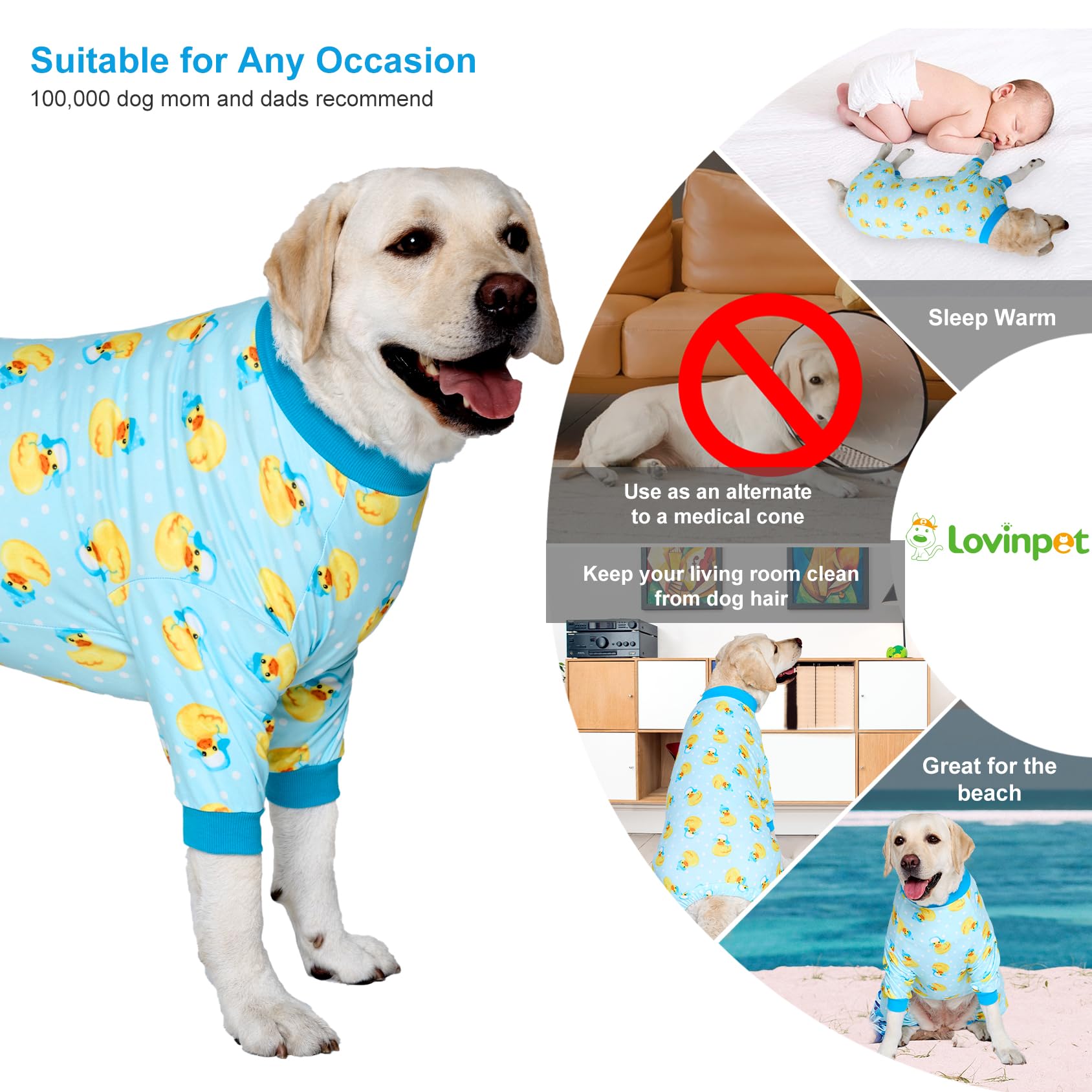 Lovinpet Big Dog Wound Care/Surgery Recovery Shirt, Pet Anxiety Shirt, Lightweight Stretchy Knit Fabric, Rubber Ducks With Hats Blue Print Dog Pjs, Dog Pajamas, Pet Pj'S/Medium