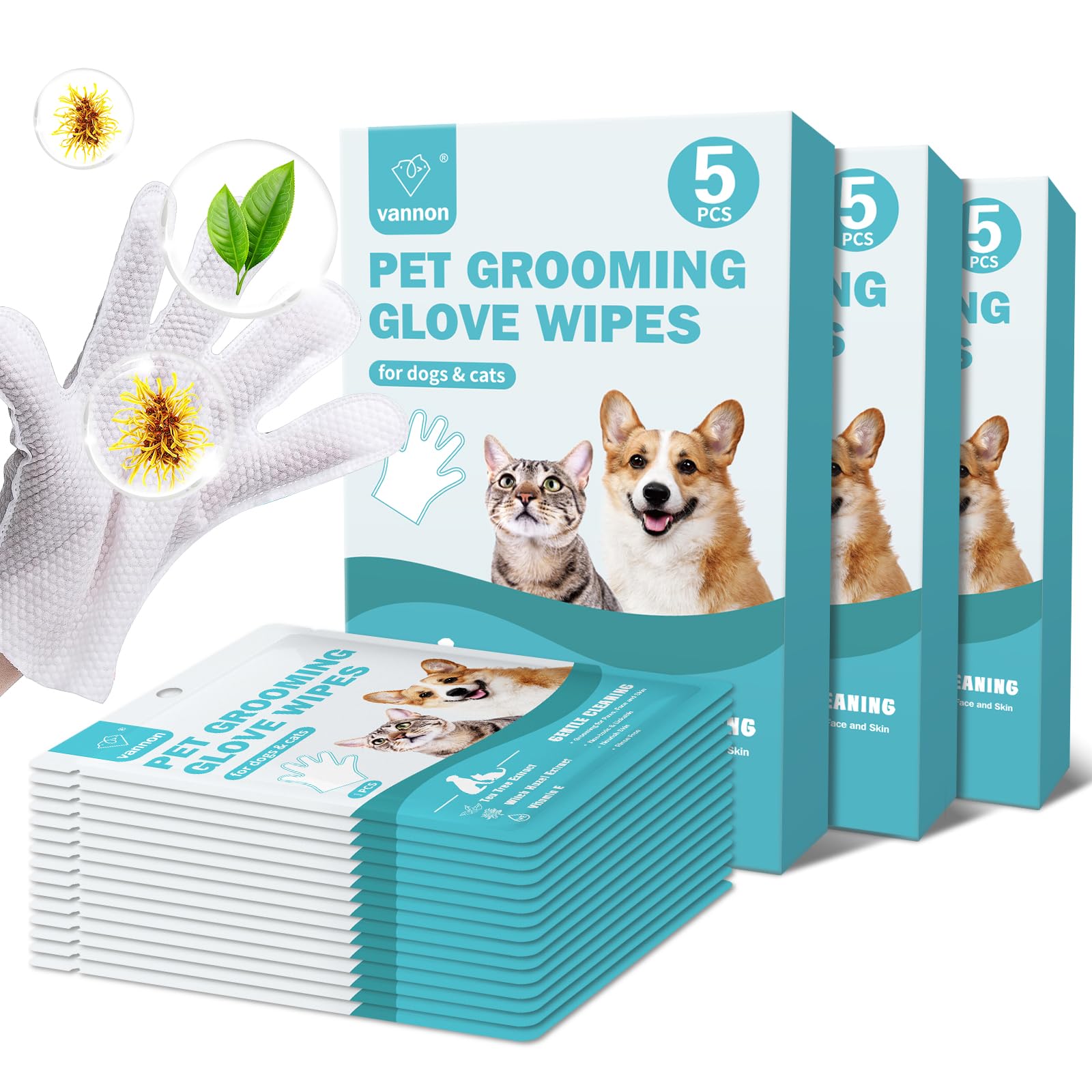 Vannon Portable Pet Bathing Wipes For Dogs & Cats, Cleaning & Odor-Controlling Extra Thick Grooming Glove Wipes For Daily Care A