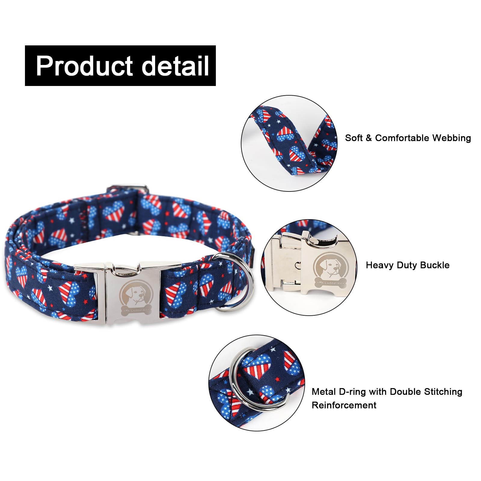 Mr. Chubbyface American Flag Dog Collar, Cute 4Th Of July Dog Collar With Metal Buckle, Soft Durable Pet Collars For Small Mediu