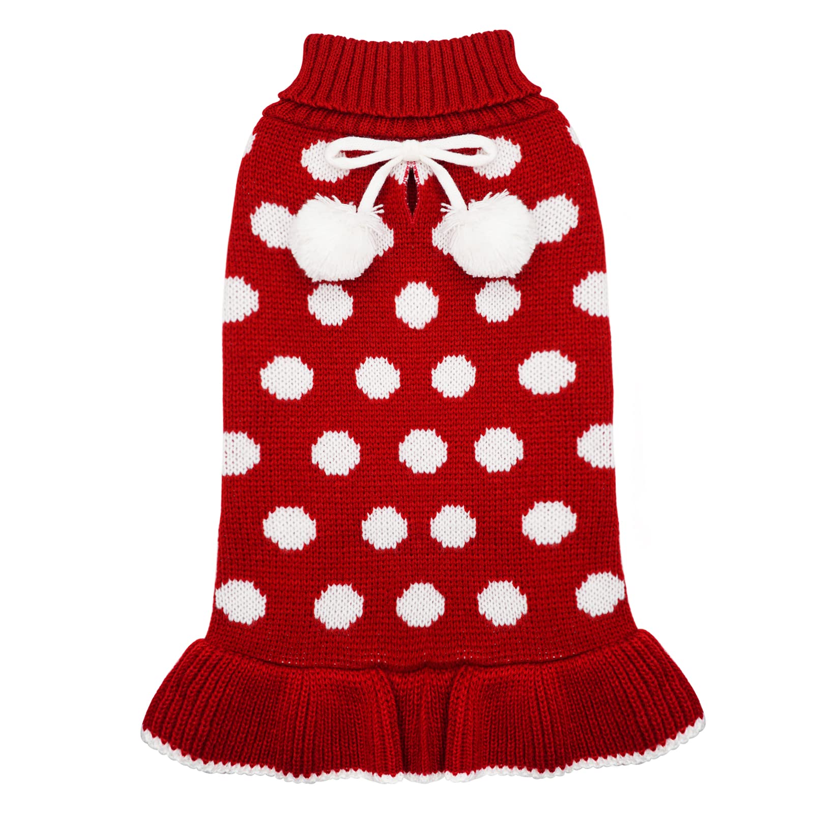 Kyeese Christmas Dog Sweater Dress With Leash Hole Polka Dot Turtleneck Dogs Sweaters Red Knit Pullover With Pom Pom Ball