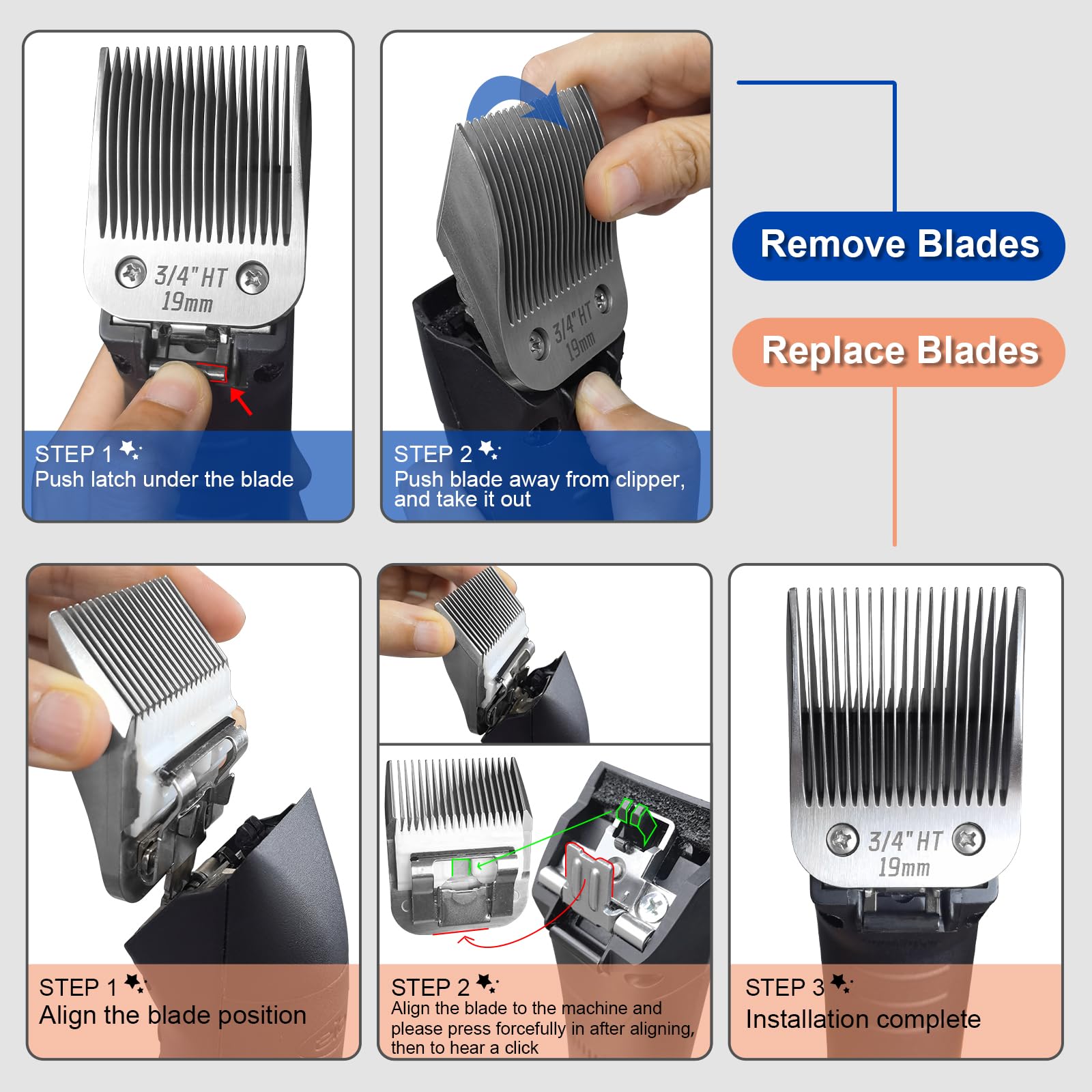 3/4Ht Detachable Pet Dog Grooming Stainless Steel Blades,Compatible With Andis/Oster A5,Wahl Km10 Series Dog Clippers,Cut Length