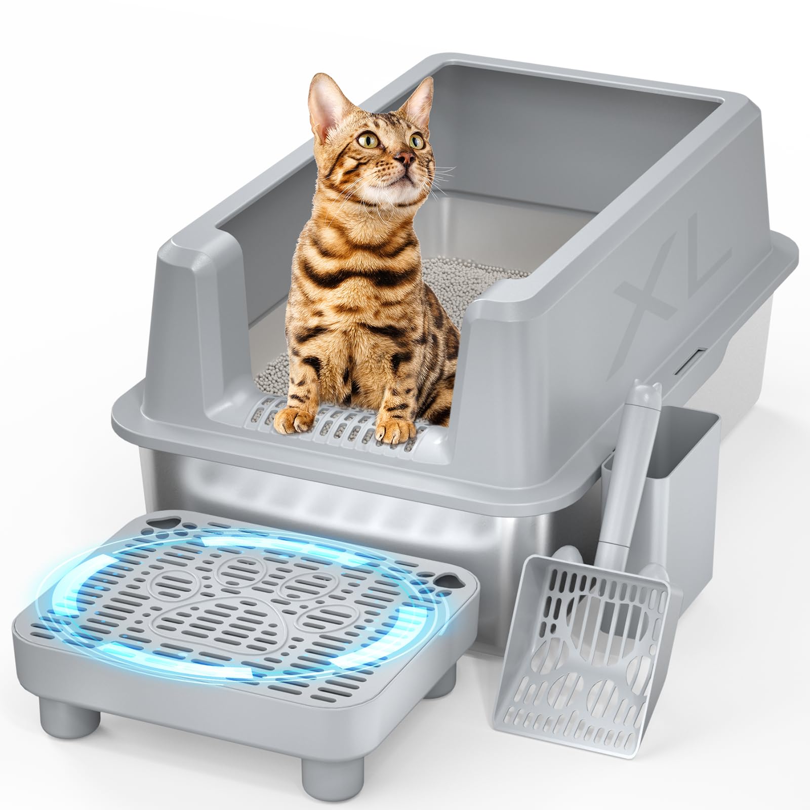 Perehome Stainless Steel Cat Litter Box With Lid, Extra Large Metal Litter Box For Big Cats Xl High-Sided Steel Litter Pan With 