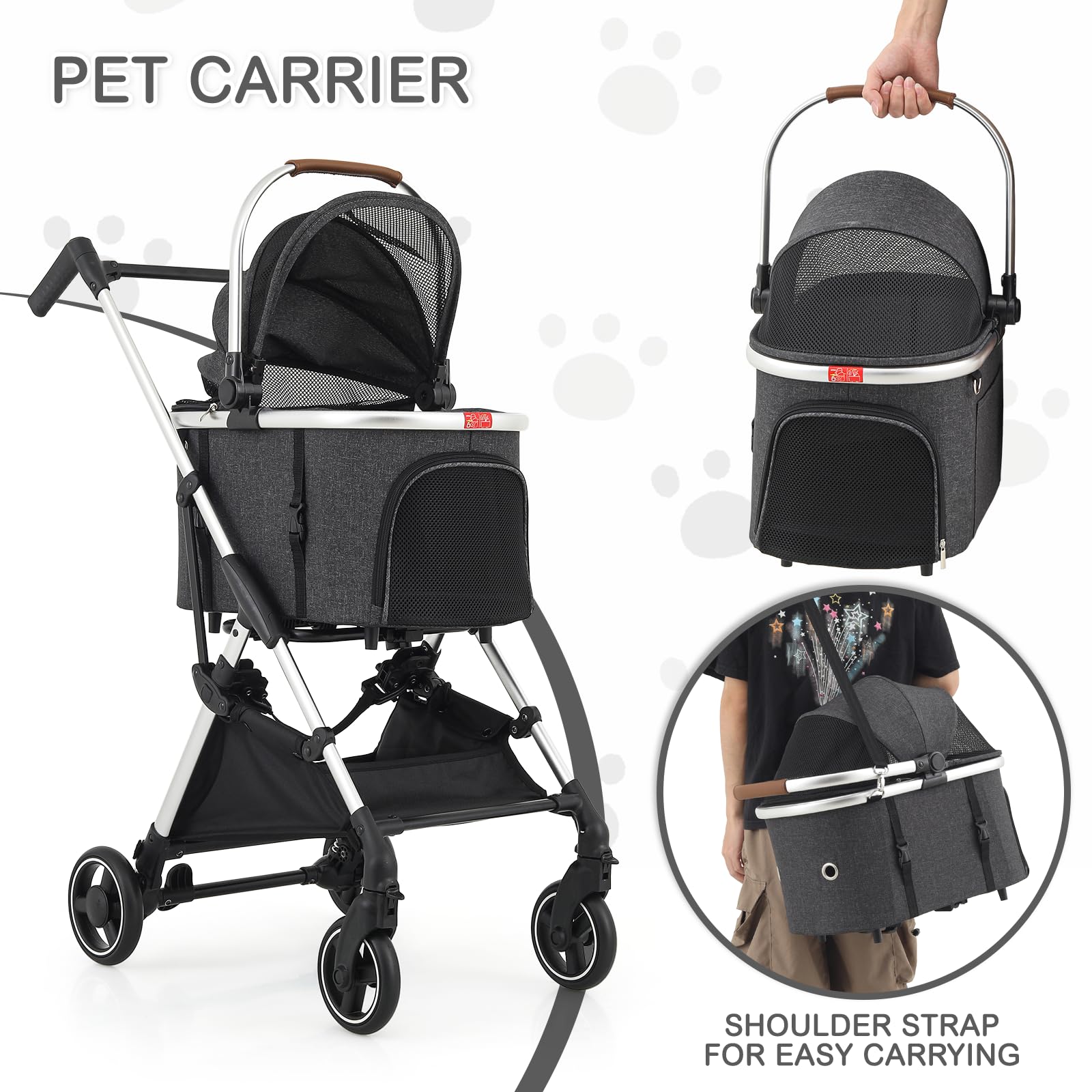 Monibloom Pet Stroller For Small/Medium Dogs W/Detachable Carrier & Lightweight Aluminum Frame, Folding Jogging Travel Stroller,