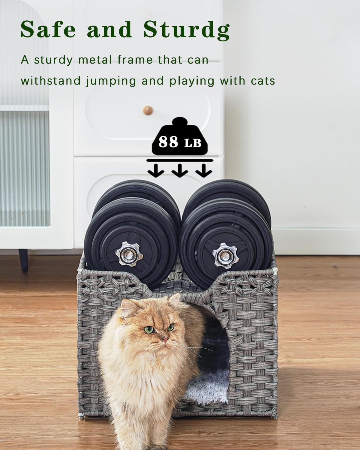 SETVSON Cat House - Handwoven Rattan Indoor Pet Cube, Medium, Gray, 16.5x16.5x13.2 Inches, Foldable with Bed Mat and Hooks