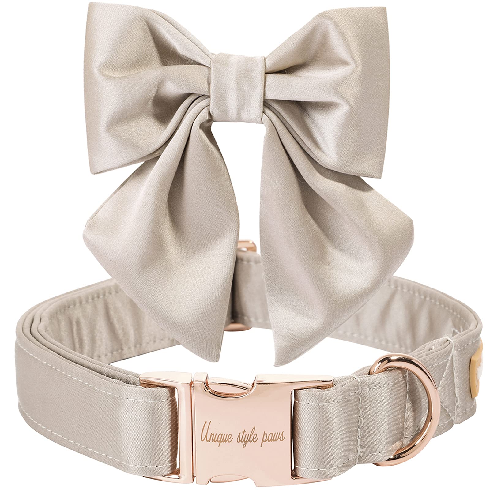 Unique Style Paws Silk Champagne Color Dog Collar Adjustable Durable Dog Collar With Bow Wedding Bow Tie Dog Collar For X-Large Dogs
