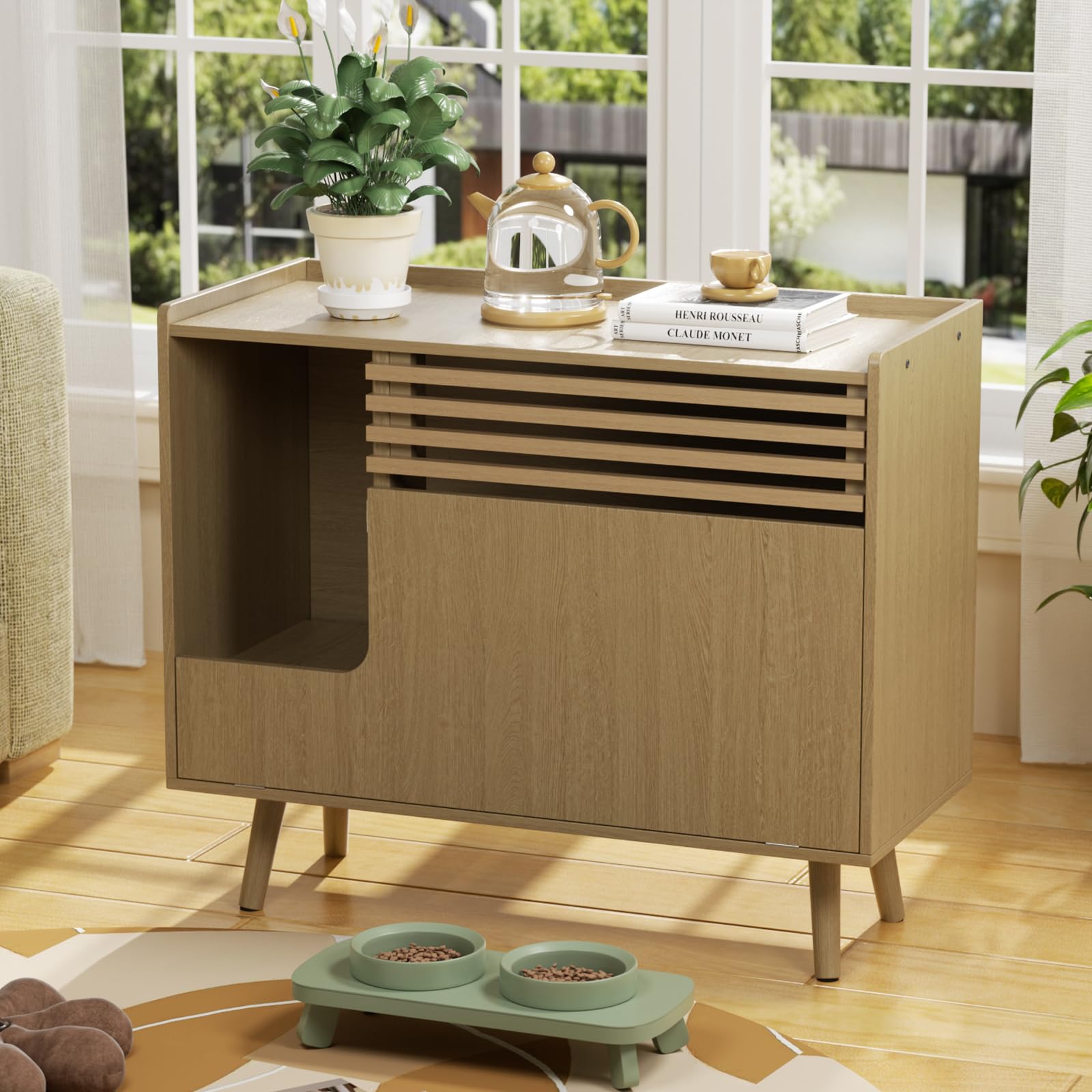 Halitaa Cat Litter Box Enclosure,Mid-Century Modern Hidden Litter Box Furniture With Cat Scratch Pad,Flip-Down Opening Litter Bo