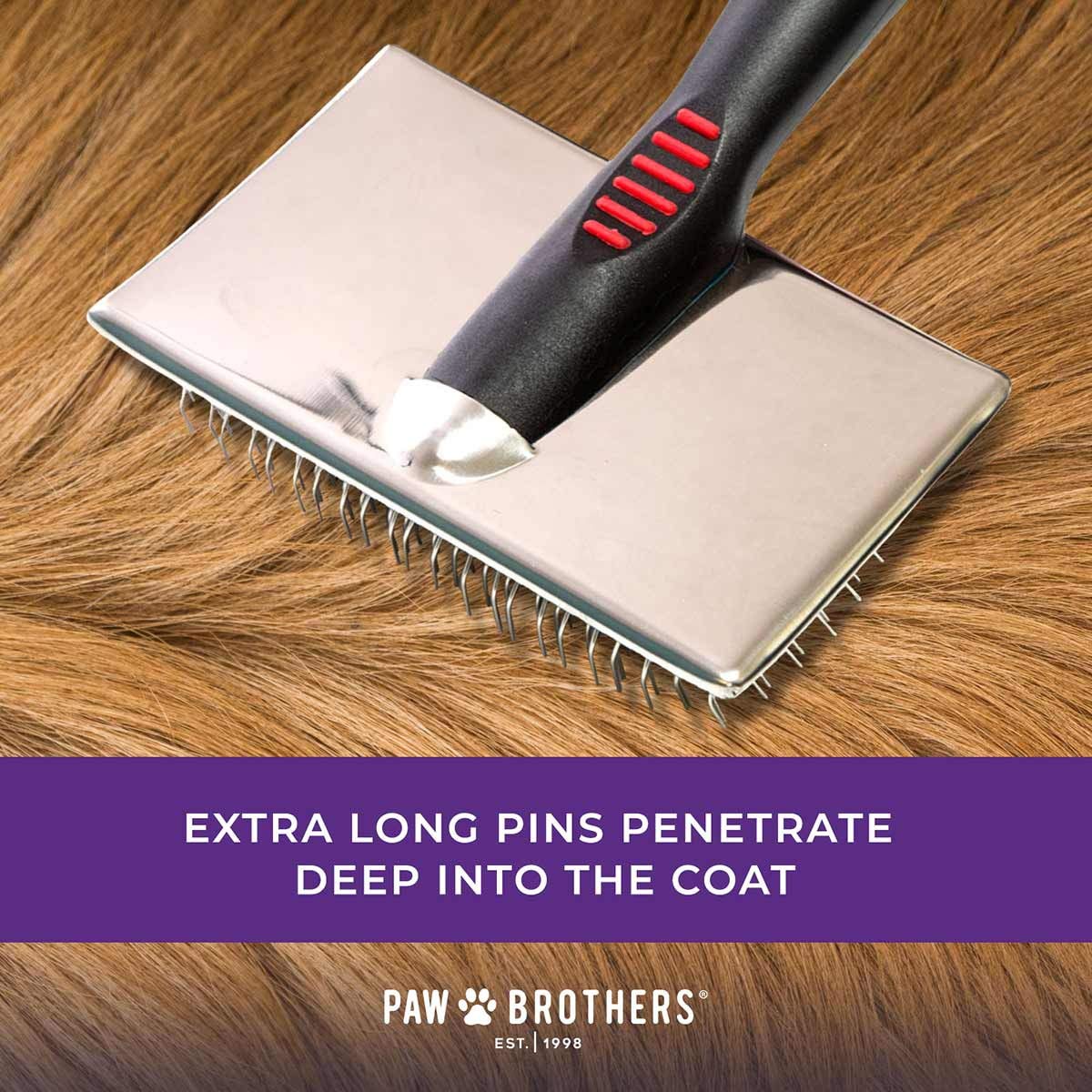 Paw Brothers Extra Long Pin Flat Slicker Brush For Dogs, Professional Grade, Removes Loose Fur And Tangles, Tuffer Than Tangles, Removes Undercoat, Dog Grooming Brush, Ergonomic Handle, Large