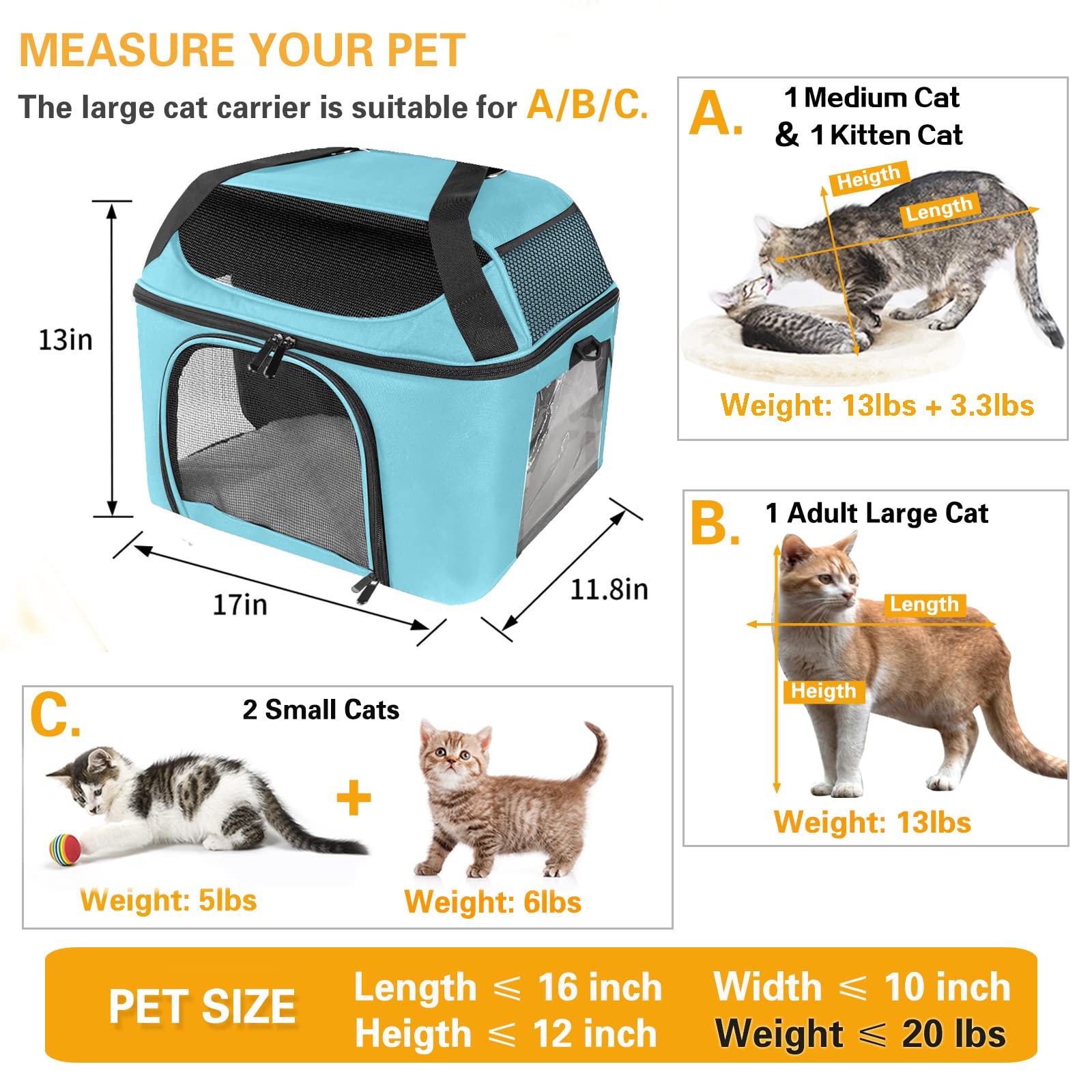 Bejibear Small Cat Carrier For 2 Cats, Oeko-Tex Certified Soft Side Pet Carrier For Cat, Small Dog, Collapsible Travel Small Dog Carrier, Tsa Airline Approved Cat Carrier For Medium Cats 20 Lbs (Blue)