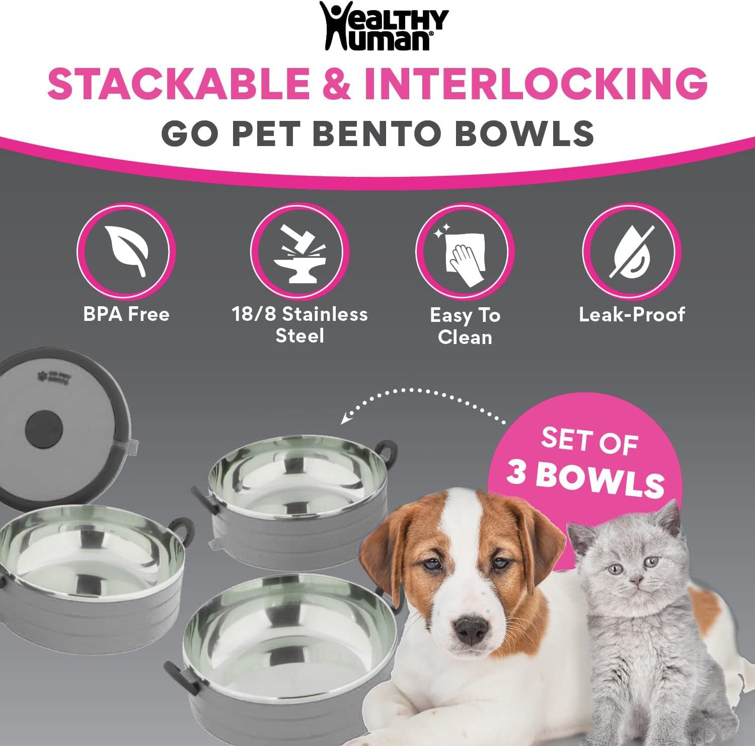 Healthy Human Travel Pet Bento Bowls - Human-Grade Stainless Steel & BPA-Free, Leak-Proof Water & Food Container Set for Dogs &