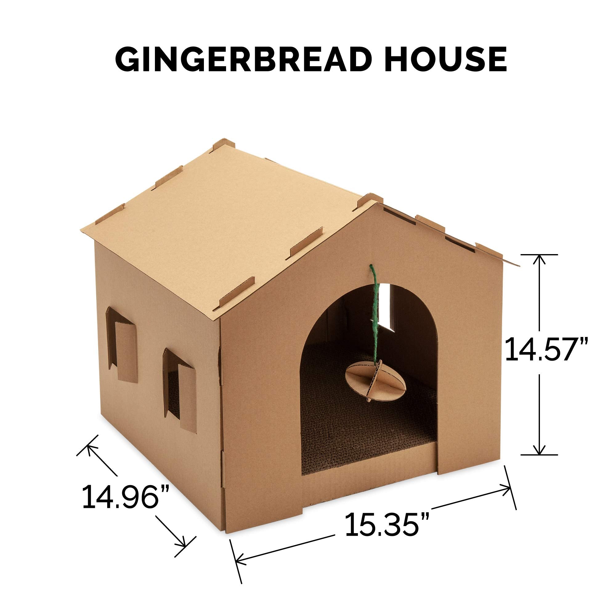Furhaven Cardboard Cat House Gingerbread House, Cat Hideout Scratcher with Detachable Hanging Toys