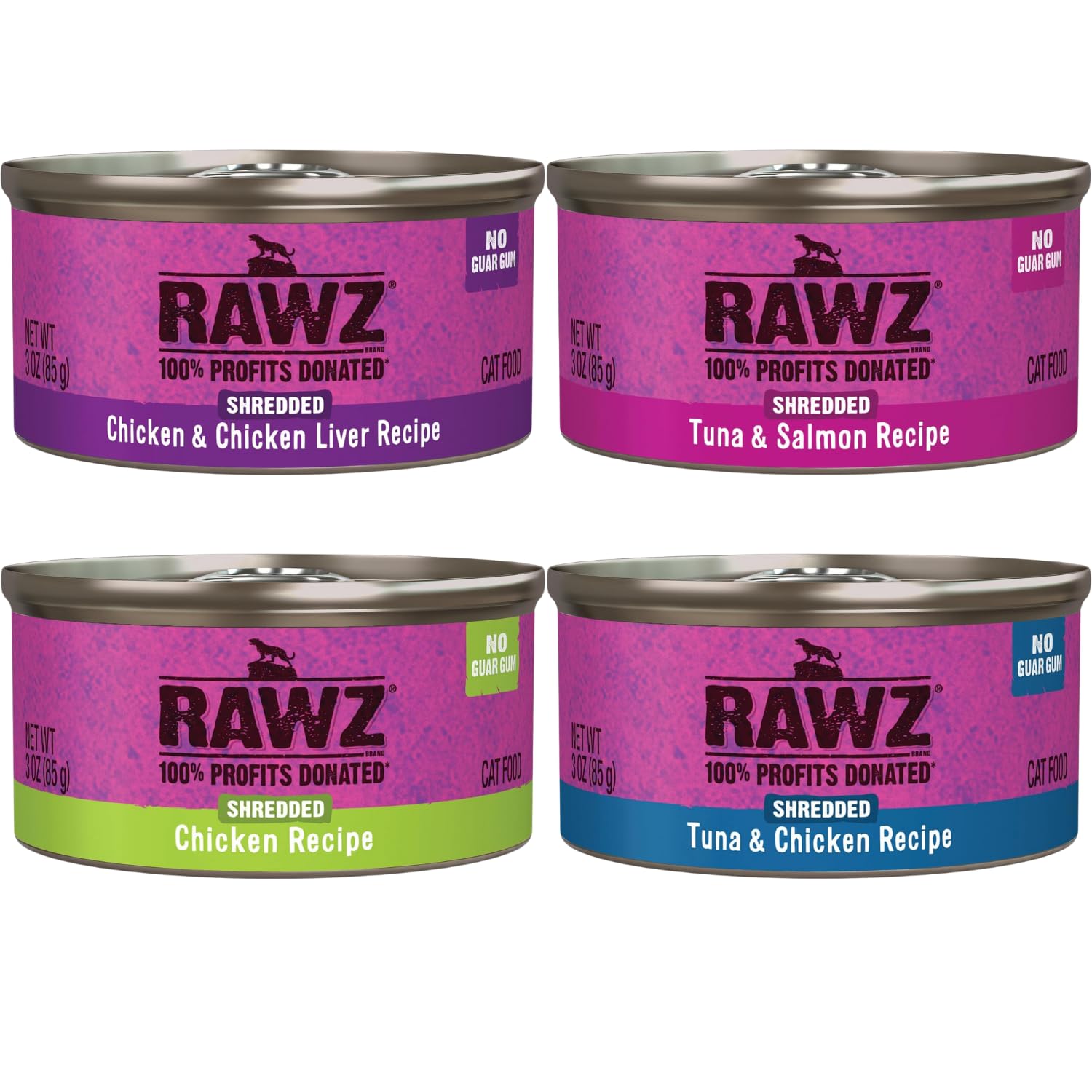 Rawz Natural Premium Canned Cat Wet Food Shredded -12 Pack Cans Variety Pack -4 Flavors with Yow Pet Lid- (Tuna & Salmon, Chicke