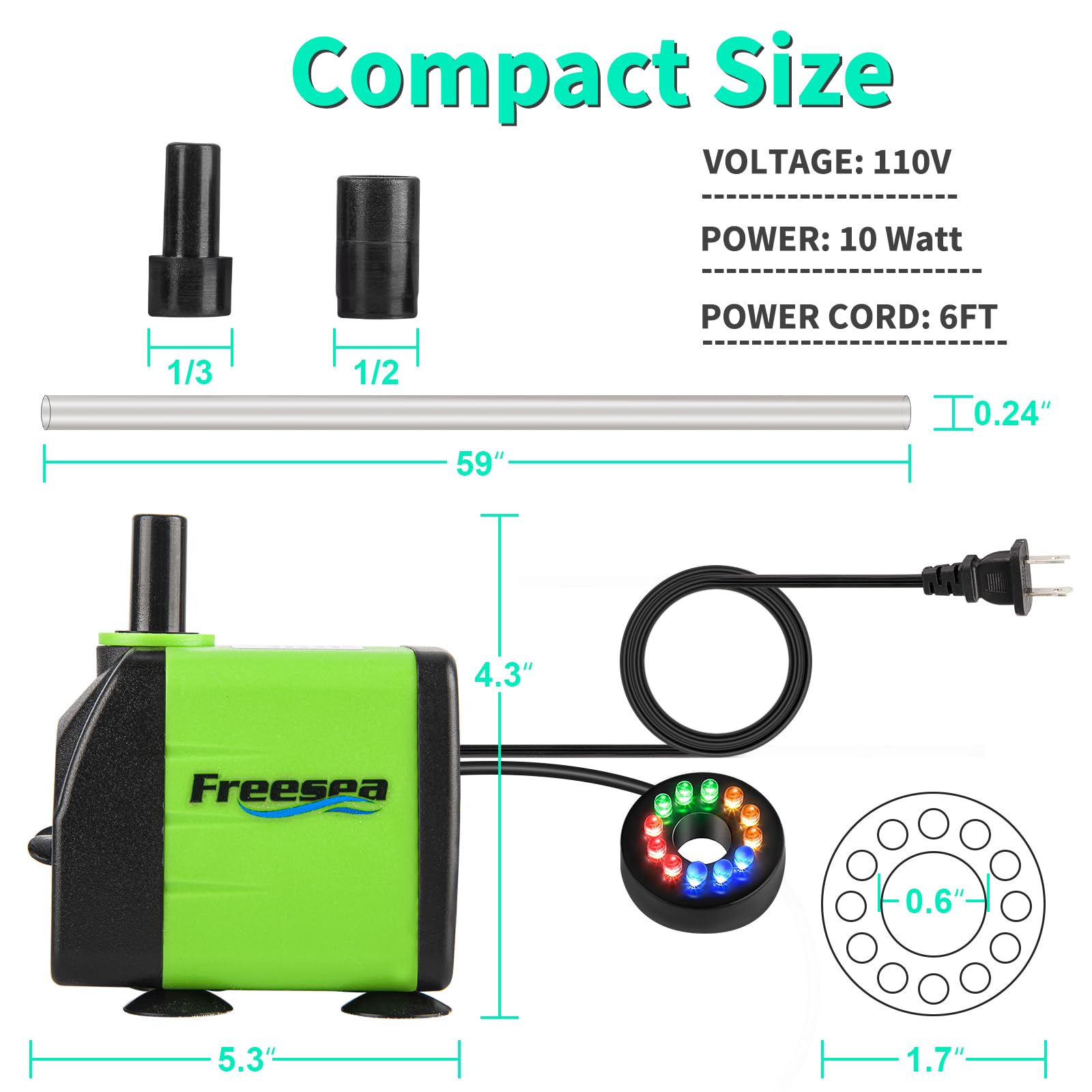 FREESEA Fountain Submersible Water Pump: 10Watt 160GPH Adjustable Aquarium Pump With LED Light 3.3ft Tubing for Outdoor Pond | S