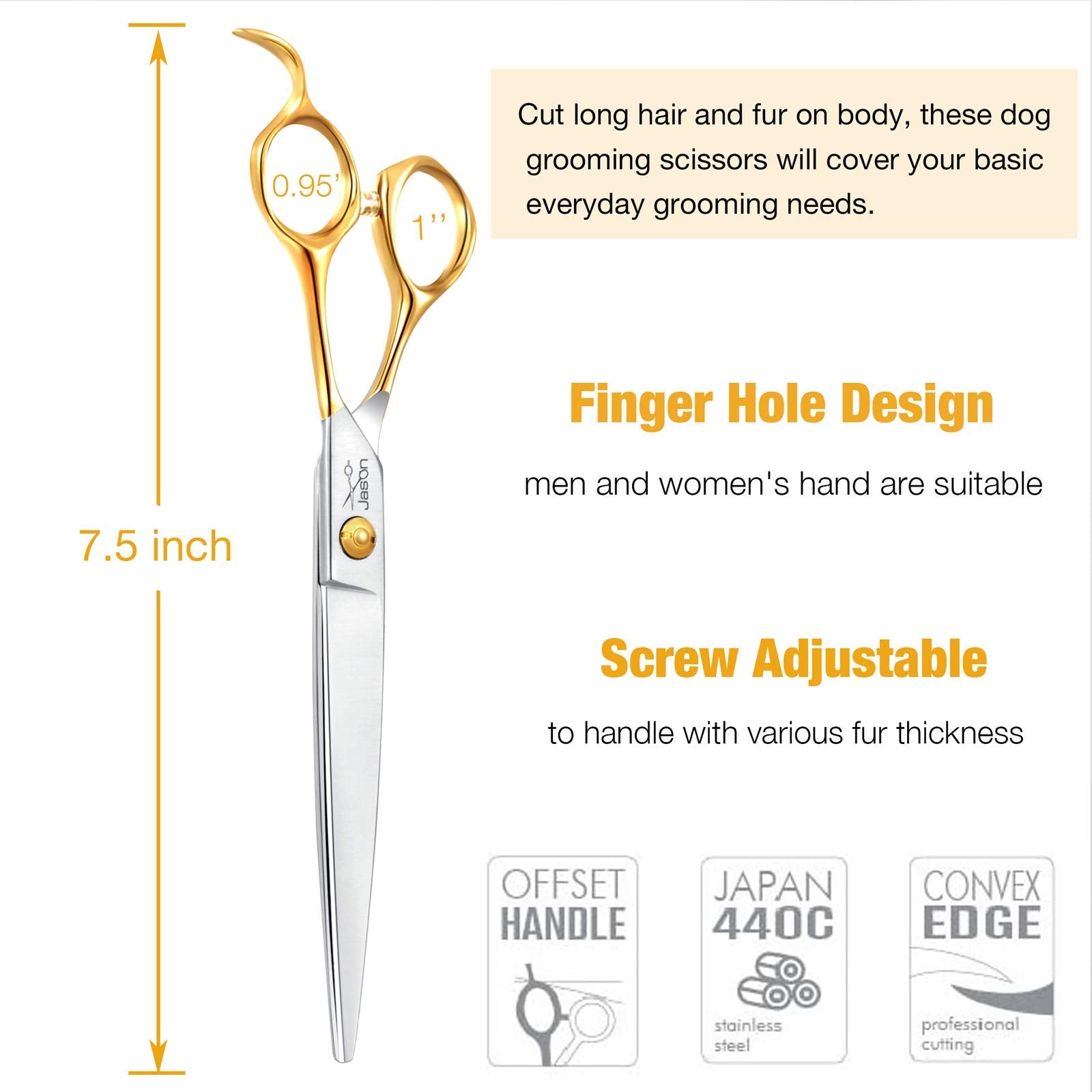 Jason 7.5' Dog Grooming Scissors Cats Trimming Shears Professional Pets Scissor Kit For Right Handed Groomers Gold Sharp Shear