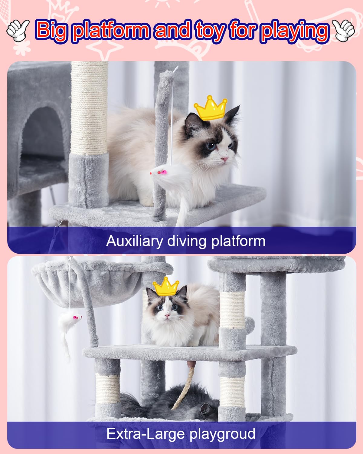 Gitelsnour Cat Tree, Cat Tower For Large Cats With 2 Big Platforms, 2 Baskets, Condo And Toys, 63'' Cat Scratching Posts For Ind