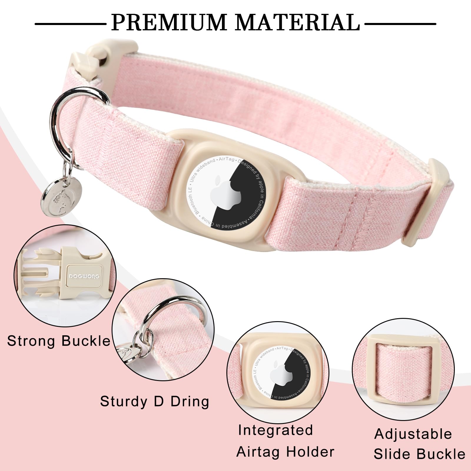 Dogwong Airtag Cotton Hemp Dog Collar, Heavy-Duty Dog Collar With Airtag Holder Beige Natural Fabric Pet Cute Puppy Necklace For