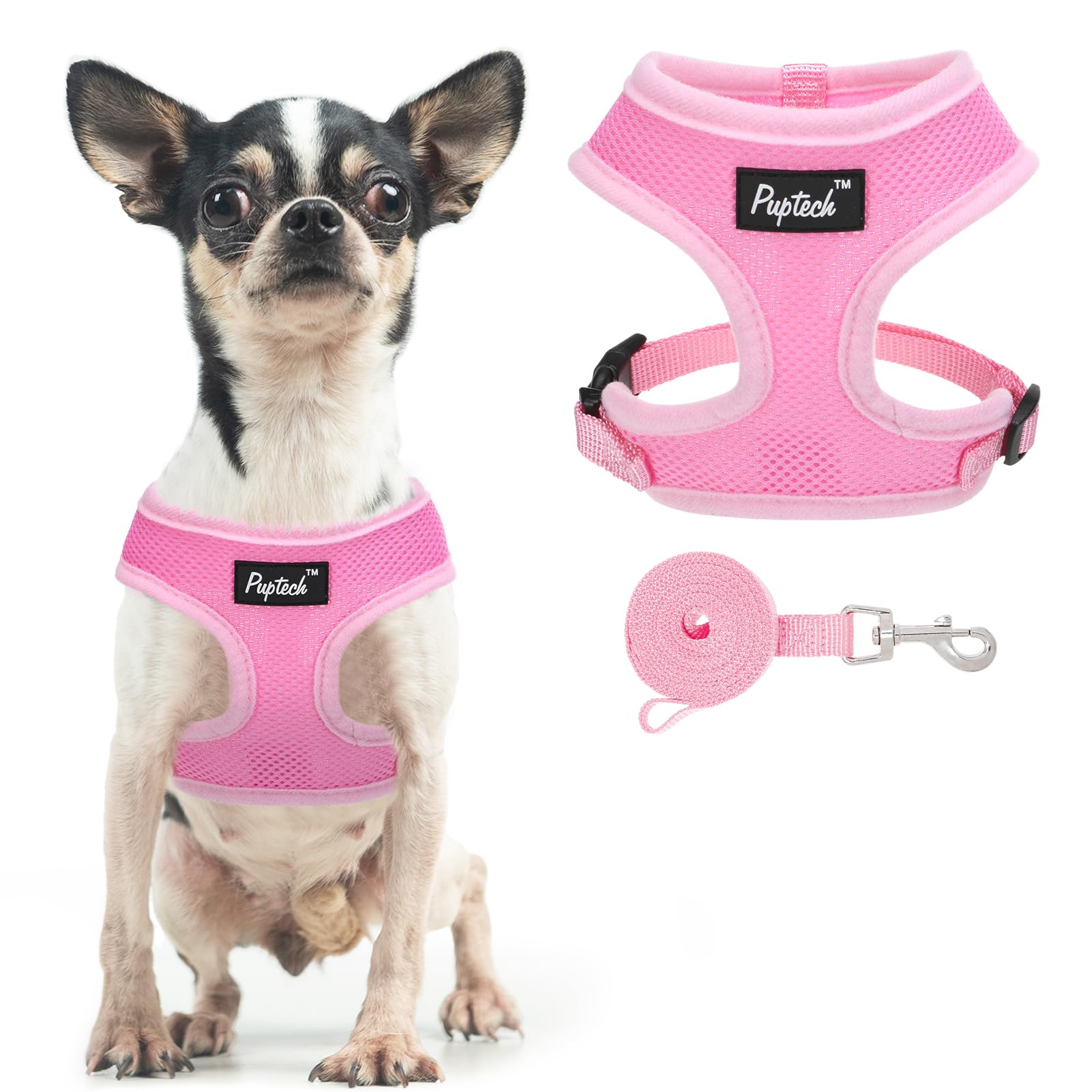 Pupteck Soft Mesh Dog Harness And Leash Set Pet Puppy Cat Comfort Padded Vest No Pull Harnesses, Solid Pink, Xs