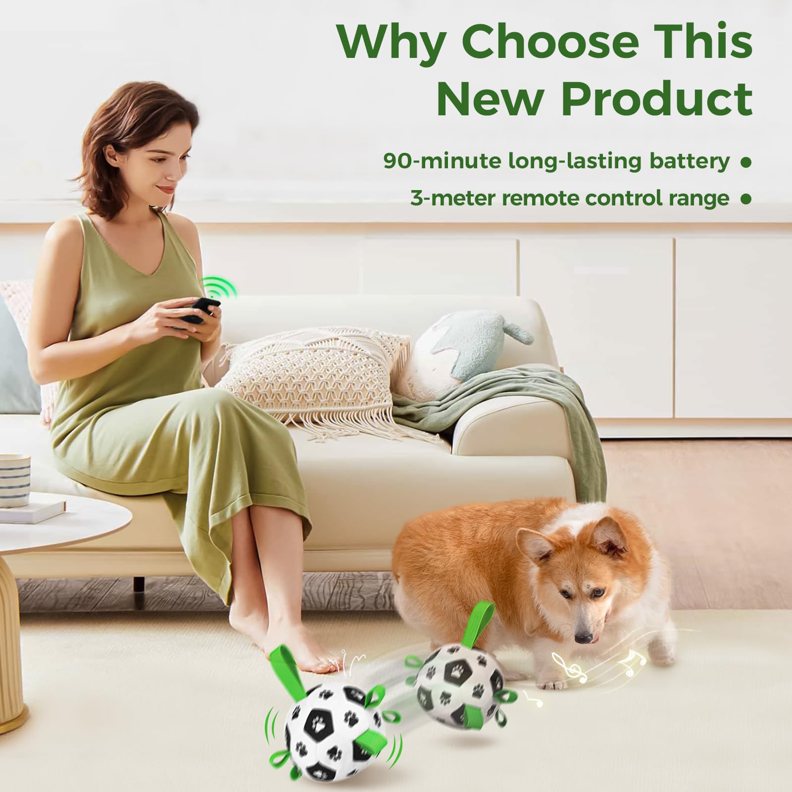 QDAN Interactive Dog Toys,Interactive Dog Ball,Dog Soccer Ball with Straps,Dog Toys to Keep Them Busy,Long-Range Remote Control,