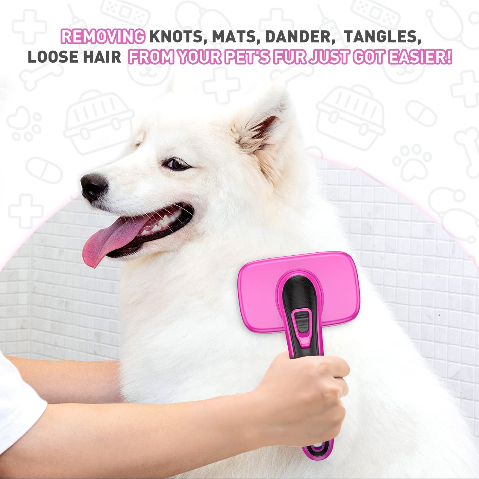 Dogs Self Cleaning Slicker Brush For Shedding & Grooming Long Short Haired, Cats Retractable Brushes For Large Medium Small. Gently Removes Loose Undercoat, Mats Tangled Hair From Pet'S Coat (Pink)
